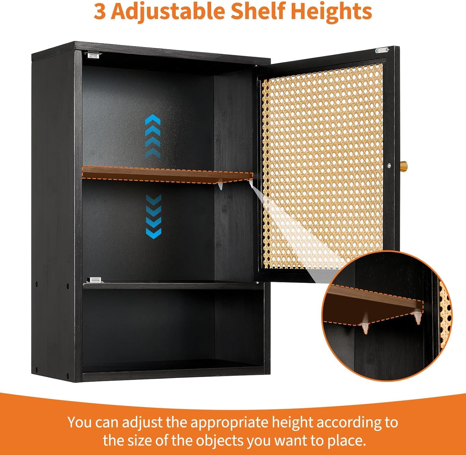 Bathroom Wall Cabinet, Above Toilet Storage Cabinet Bamboo Medicine Cabinets Wall Mount with Rattan Doors and Adjustable Shelf, Space Saver Cabinet Storage for Kitchen, Laundry, Living Room Black