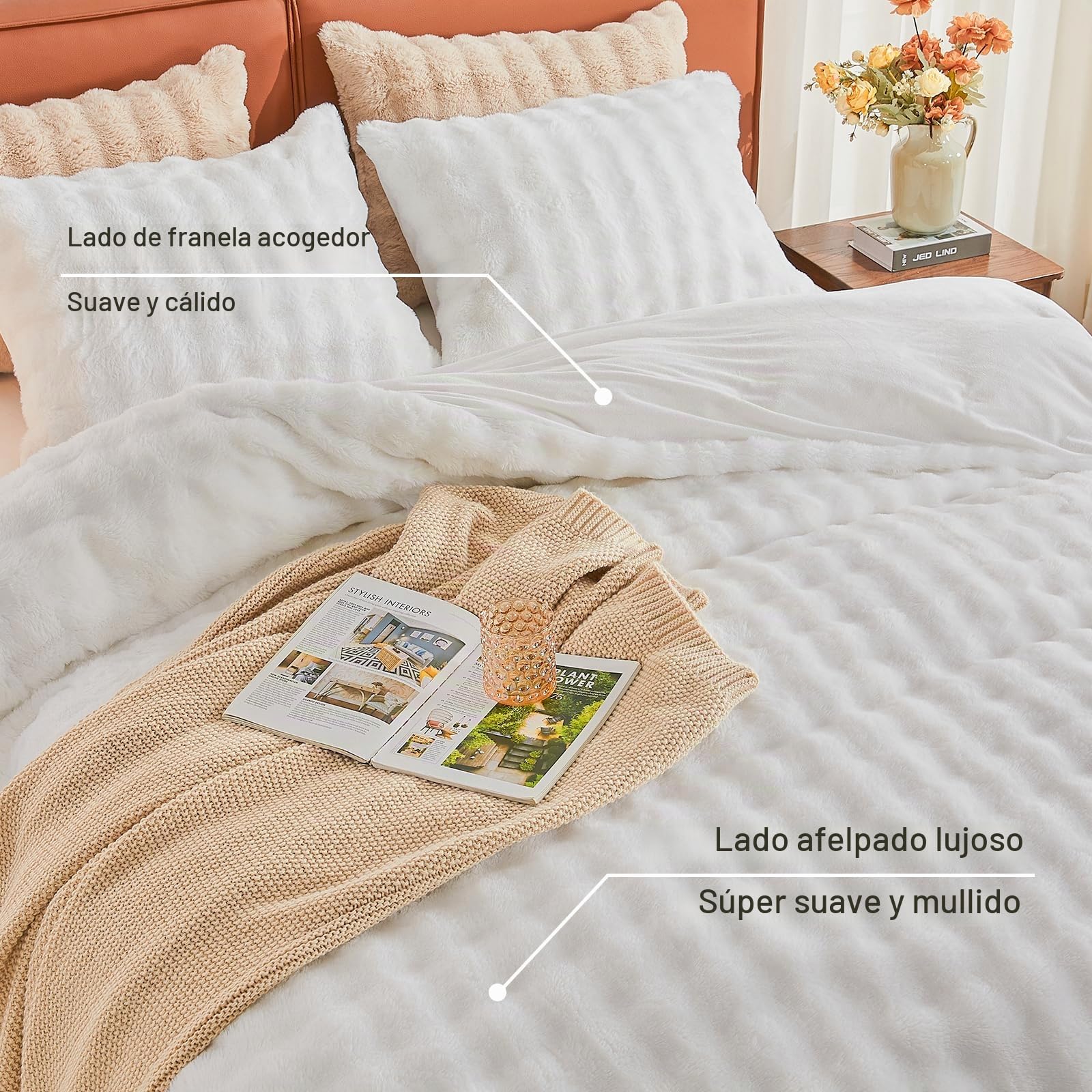EMME Set de Sábana de Felpa 220x240 cm Blanco - Juego de Cama Invierno Imitación Piel de Conejo, Incluye Funda Nórdica Ultra Caliente con Cremallera + 2 Fundas de Almohada 80x80