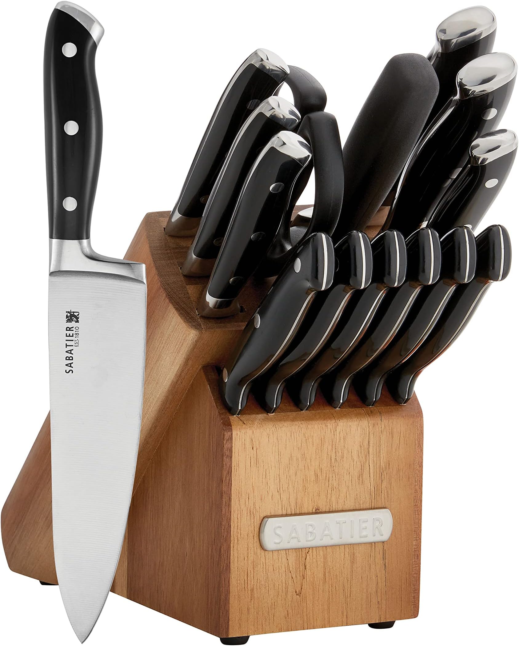 Sabatier 15-Piece Forged Triple Rivet Knife Block Set, High-Carbon Stainless Steel Kitchen Knives, Razor-Sharp Knife set with Acacia Wood Block, Black Handles