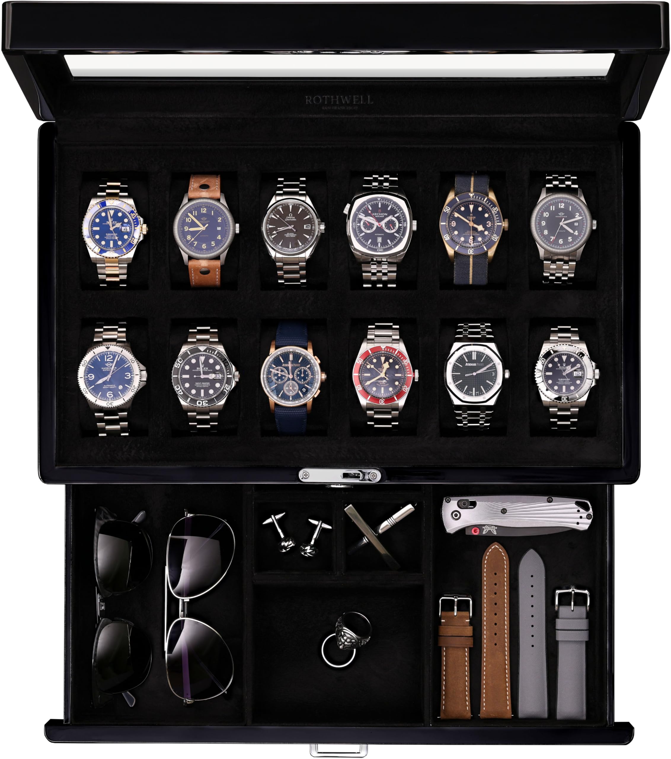 ROTHWELL Uhrenbox mit 12 Fächern, Klavierschublade, Premium-Schmuck-Vitrine, Organizer mit verschließbarer Glasplatte und Mikrovelours-Auskleidung für Damen und Herren (schwarze Innenseite)