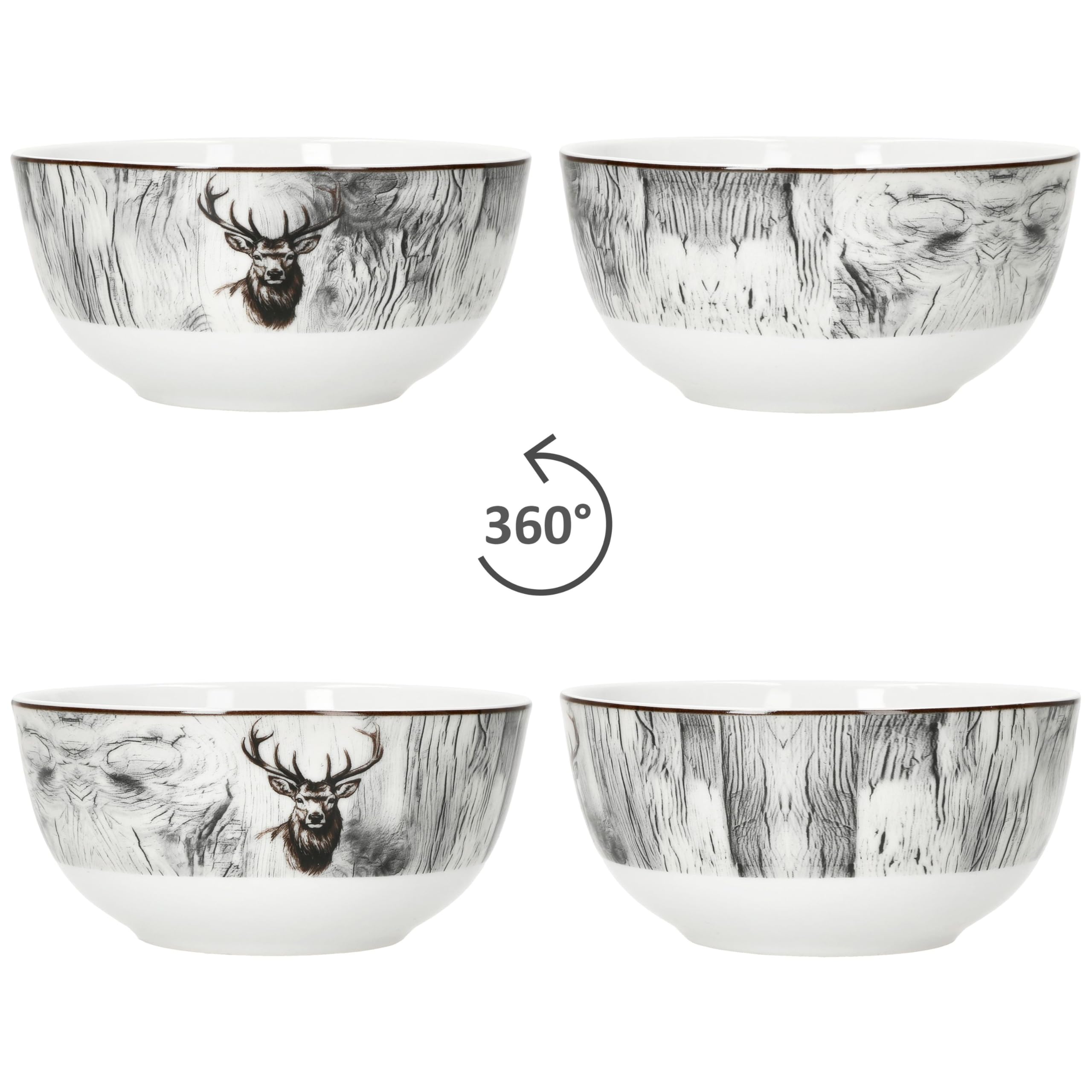 MamboCat Alois - Set di 6 ciotole per cereali, 14,2 cm, 480 ml, in porcellana con decorazione di cervo per 6 persone, ciotole per insalata, zuppa, patatine e così via.