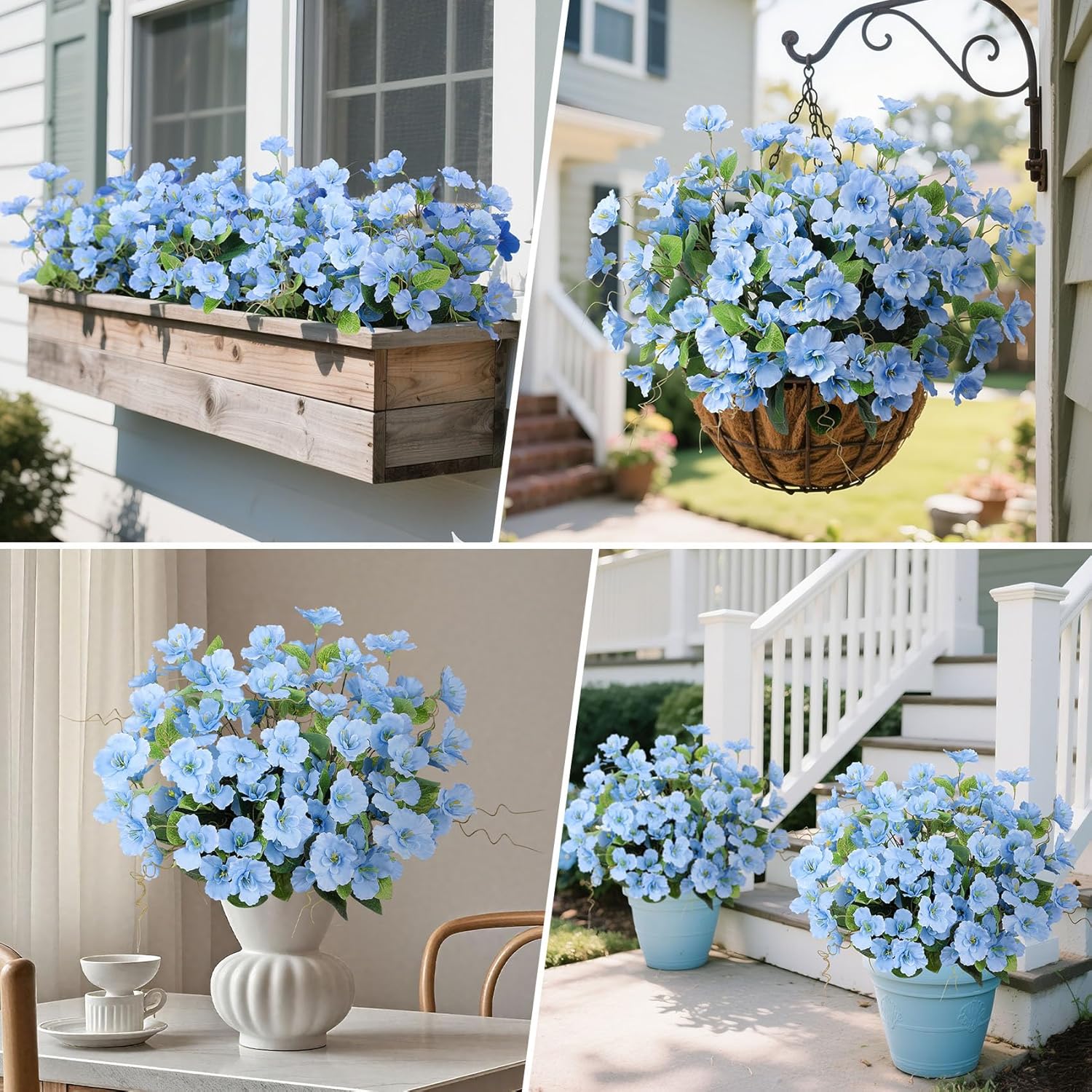 8 Bundles Fake Silk Flowers, Artificial Hibiscus Flowers for Outdoors Realistic UV Resistant Faux Plants for Planters Garden Porch Patio Vase Window Box Home Decoration, Blue