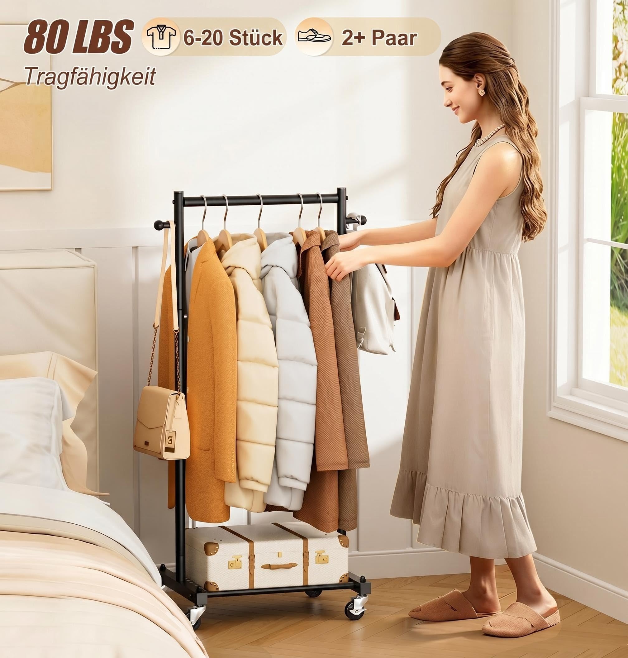 MISSLO Perchero Pequeño sobre Ruedas, Percha de Ropa de 114 cm de Ancho con Estantes, Perchero de Metal Estable para Espacios Pequeños, Armario, Guardarropa, para Adultos y Niños, Negro