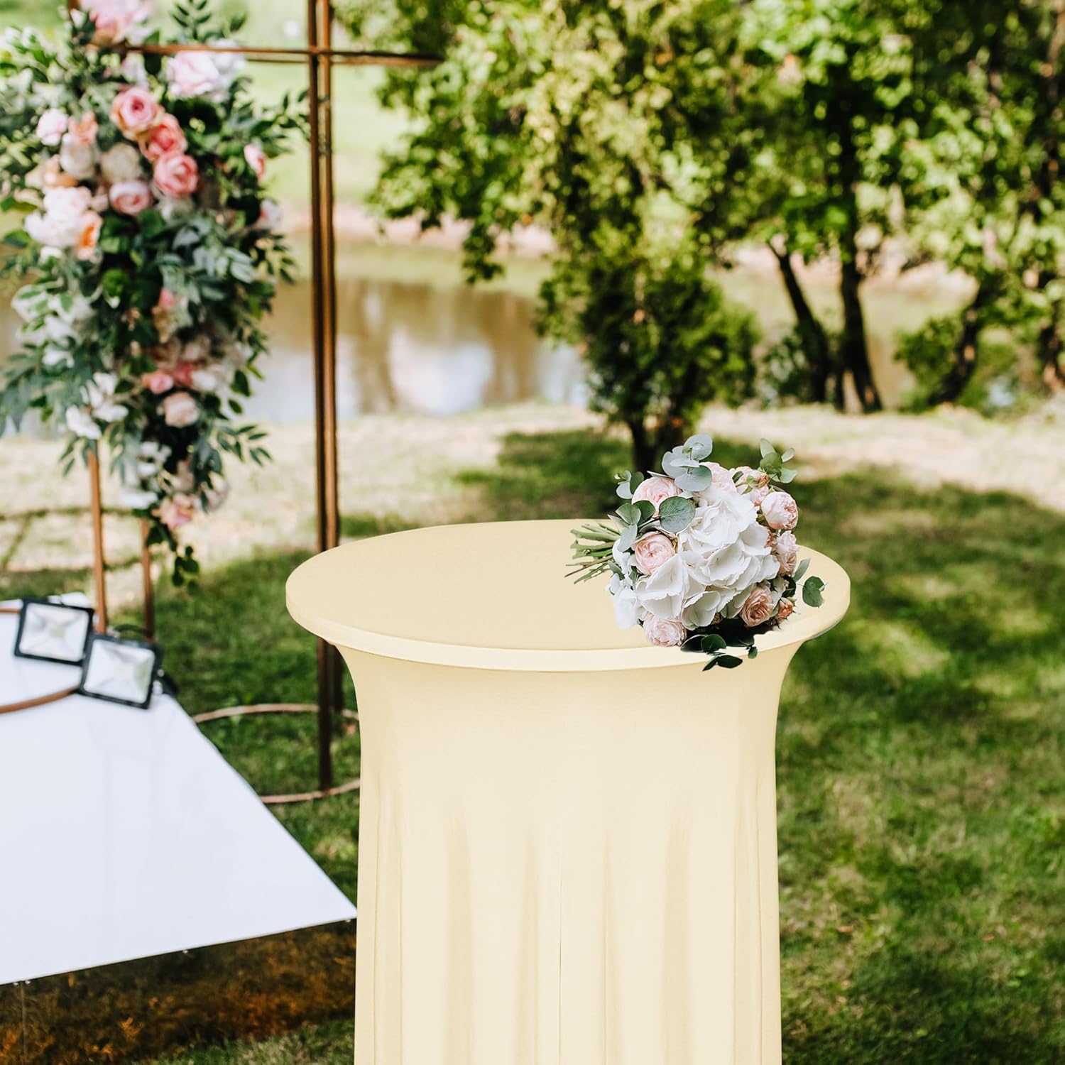 Kochorie 6 Pieces Cocktail Table Skirt Round Cocktail Table Covers 32 x 43 Inch Spandex Stretch High Top Table Cloth for Wedding Table Bar Banquet Party Supplies (Champagne)