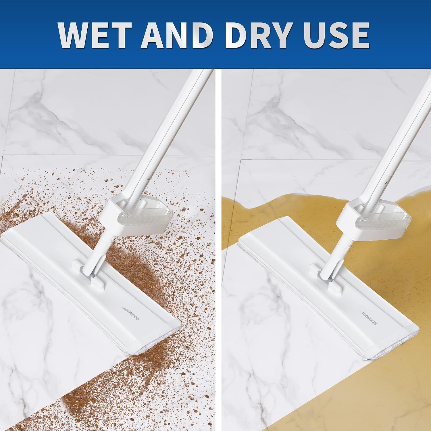 BOOMJOY Flat Mop for Floor Cleaning, Floor Mop and Bucket with Wringer Set, Self-Wringing Cleaning Mop with Washable Microfiber Mop Pads, Wet and Dry Use for Hardwood Floor, Laminate, Tiles, White