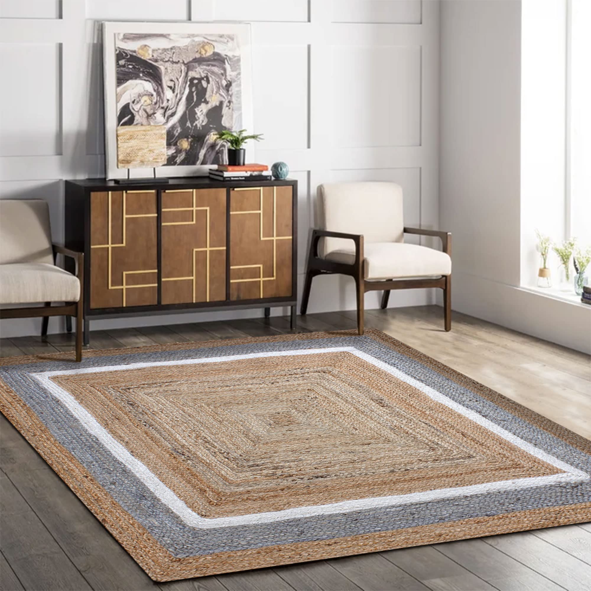 CASAVANI Collection Runner Area Rug - 4x10 Feet Beige & Multicolor Braided Jute Rug Geometric Kilim Rug Indoor Outdoor Use Carpet Flatweave Rugs for Bedroom Bedside Runner Kitchen Hallway