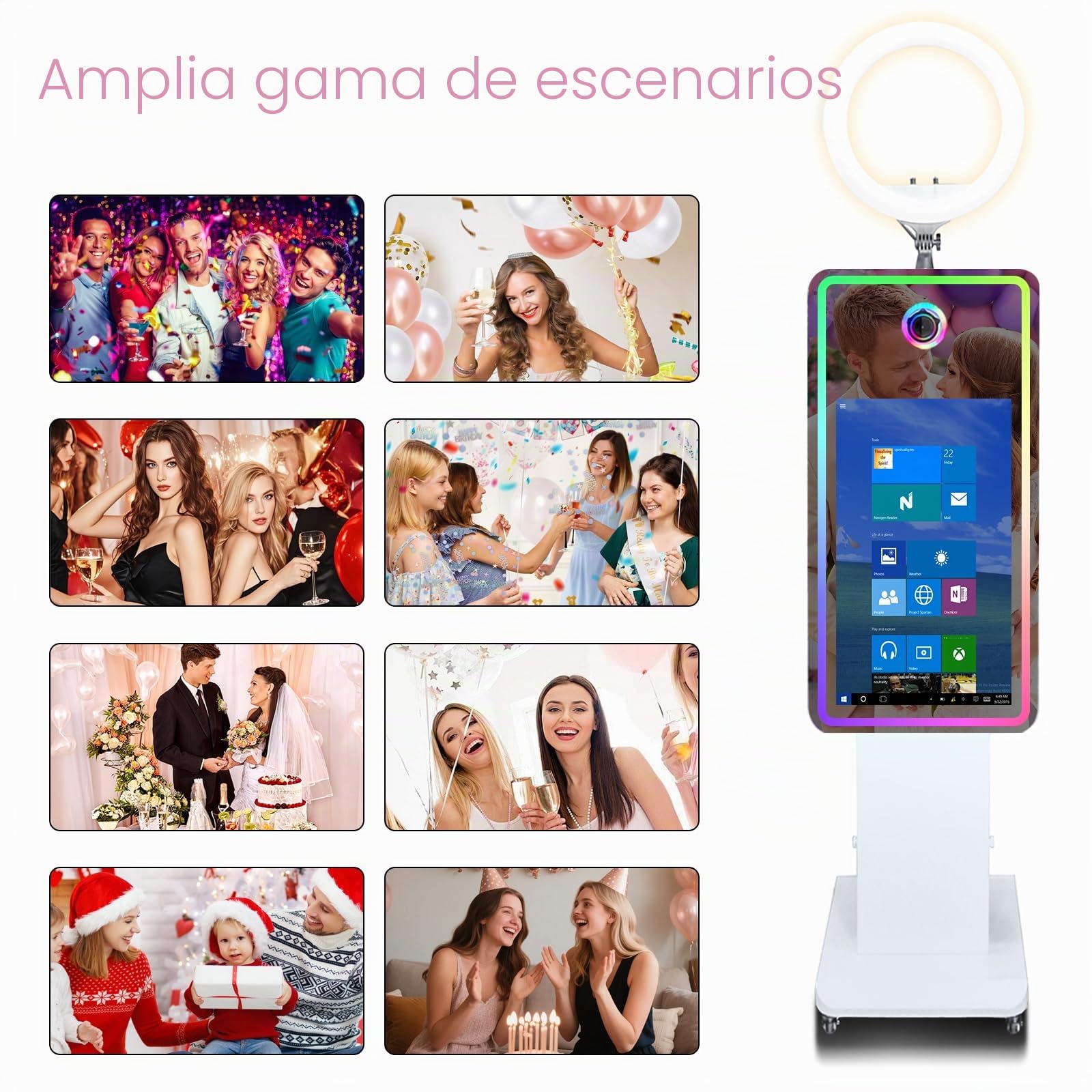 Máquina de cabina de fotos con espejo con visualización táctil interactiva de 32 pulgadas y funda de vuelo, mini computadora incorporada, espejo mágico de impresión instantánea para cumpleaños
