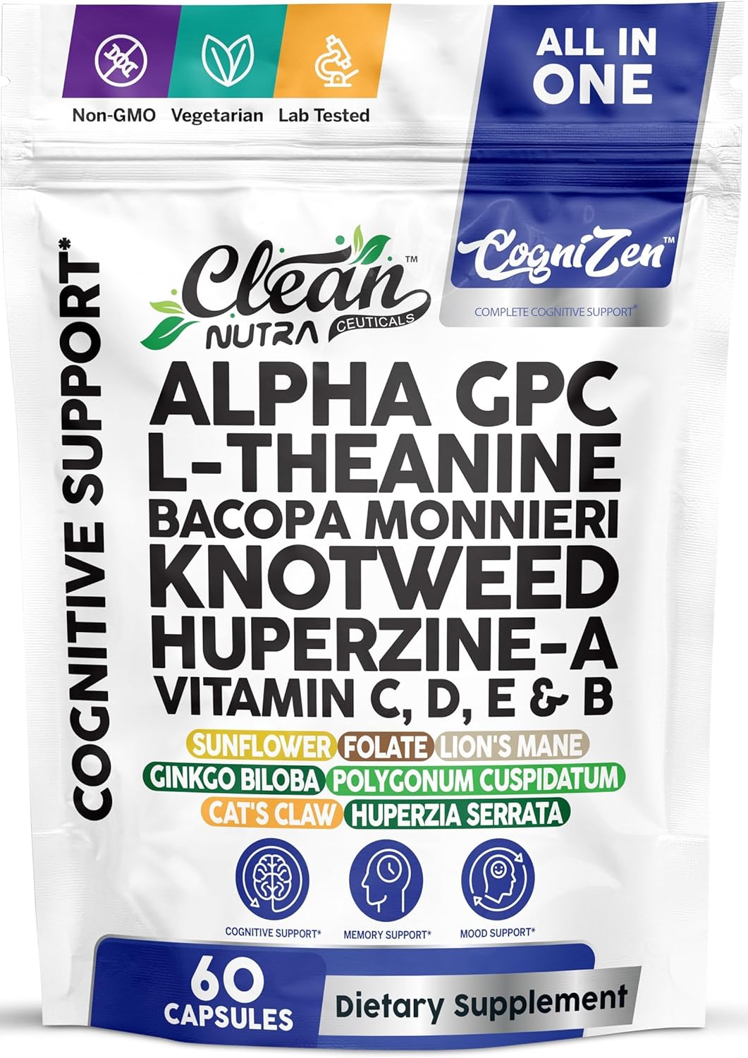 Alpha GPC 600mg Supplement | L Theanine Nootropic Brain Supplement with Bacopa Monnieri Lions Mane Resveratrol Ginkgo Biloba Huperzine A – Focus Memory Cognitive Support – 60 Vegetarian Capsules
