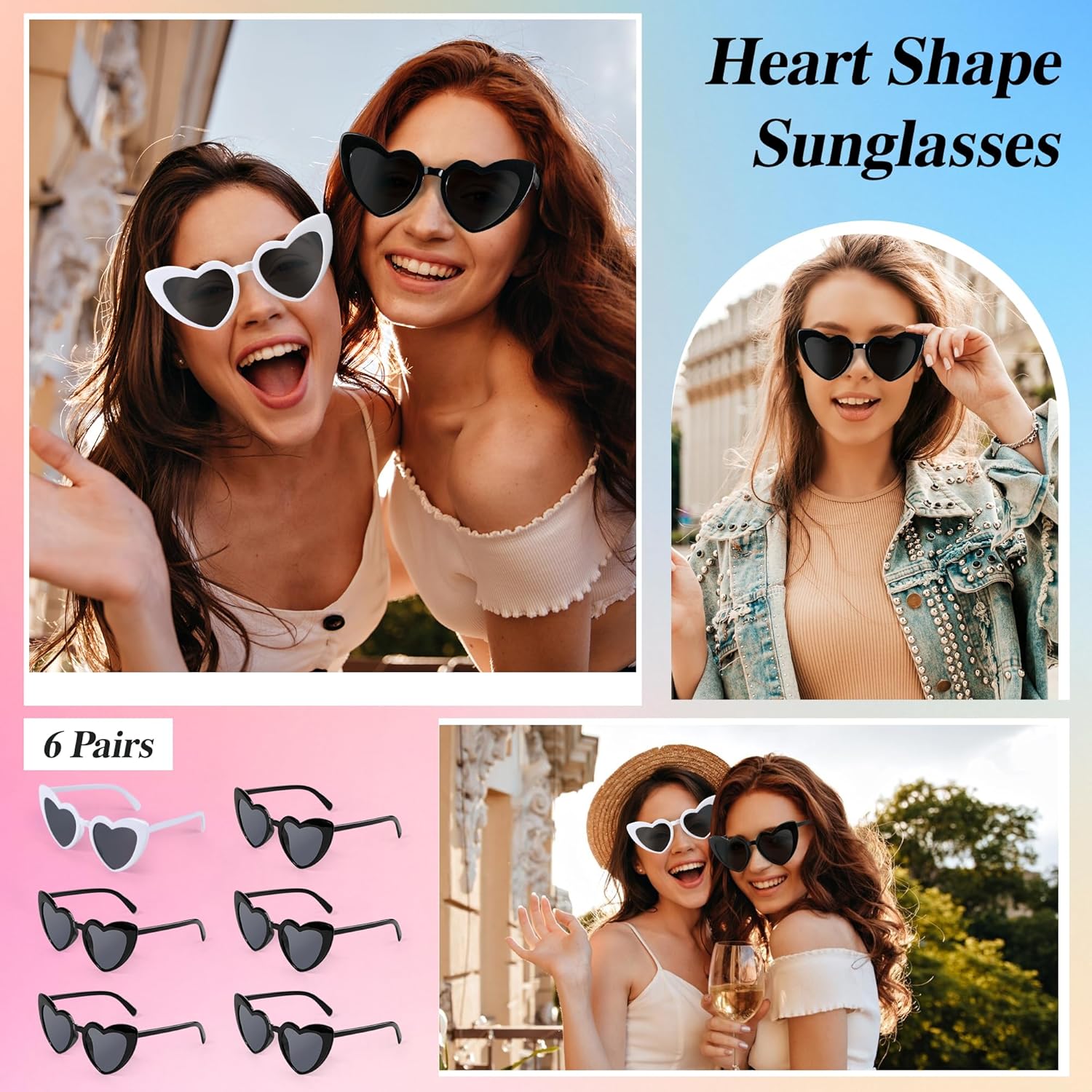 IKANOO 6 Pieces Heart Shaped Sunglasses for Women Bachelorette Bride Favor Sunglasses Bulk Retro Cat Eye Heart Love Glasses - Image 2
