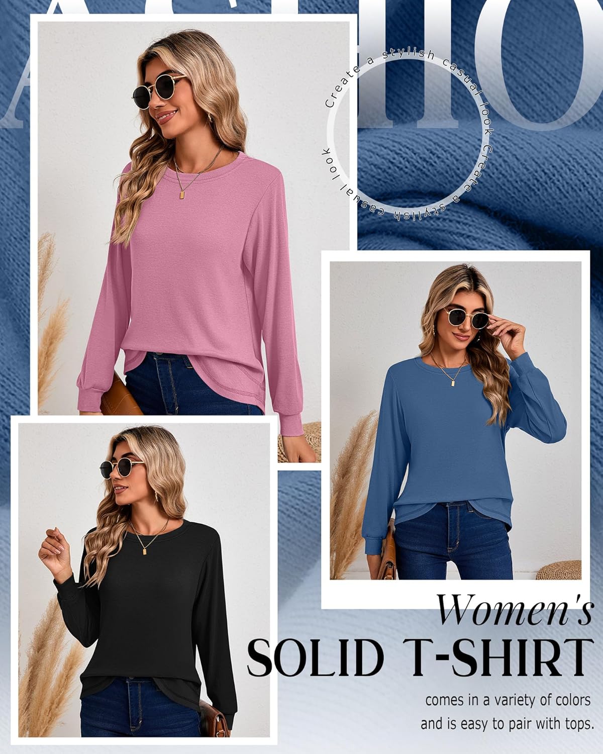 Ficerd 3 Pack Women's Long Sleeve Shirts, Cotton Crew Neck Tunic Tops Casual Loose Fit Pullover Sweatshirts Curved Hem Shirts - Image 5