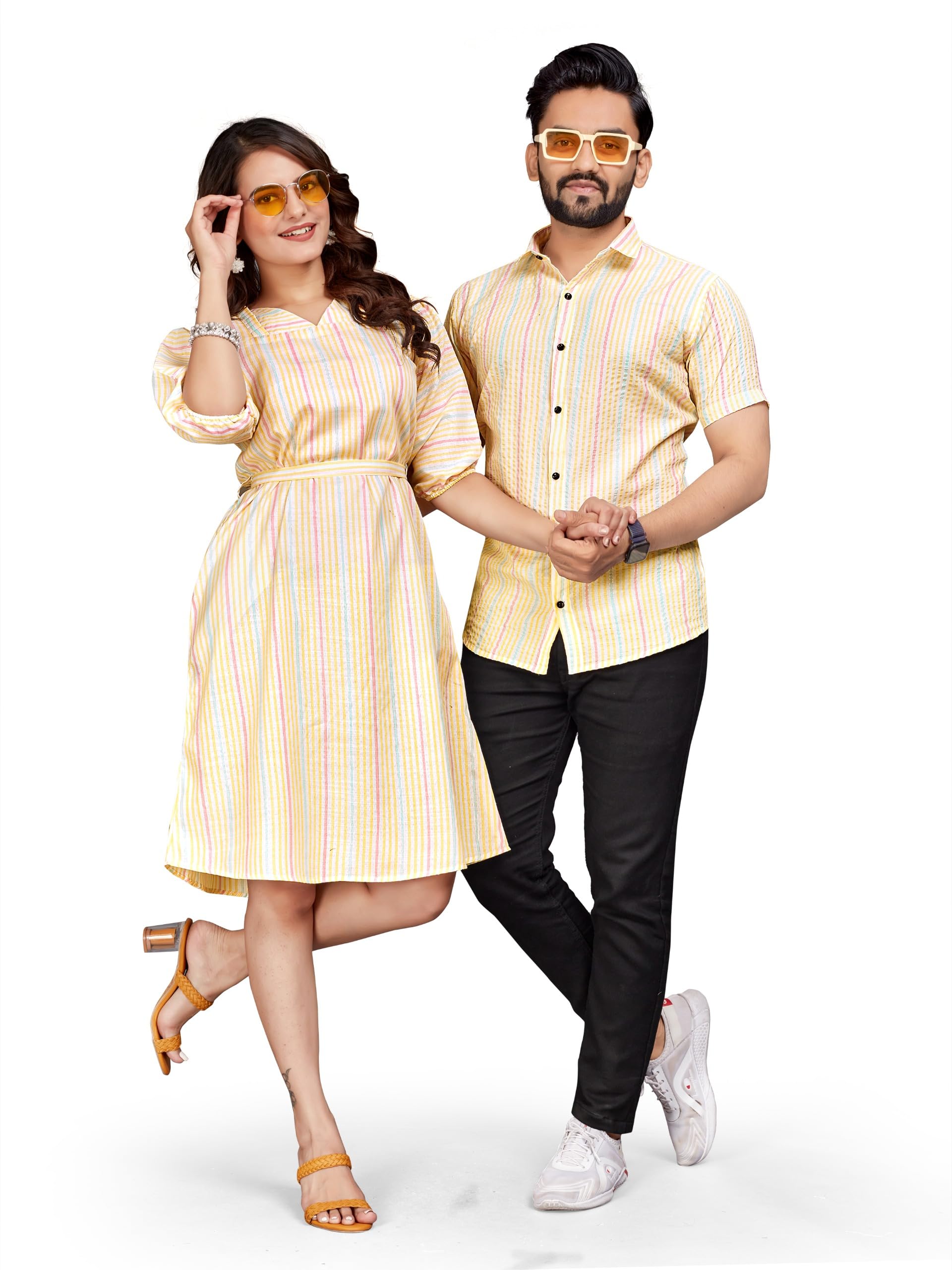 ami fashion Couple Combo Set | Cotton Fabric Striped Weaving Design | Men's Shirt & Women's One Piece Dress-picture-48