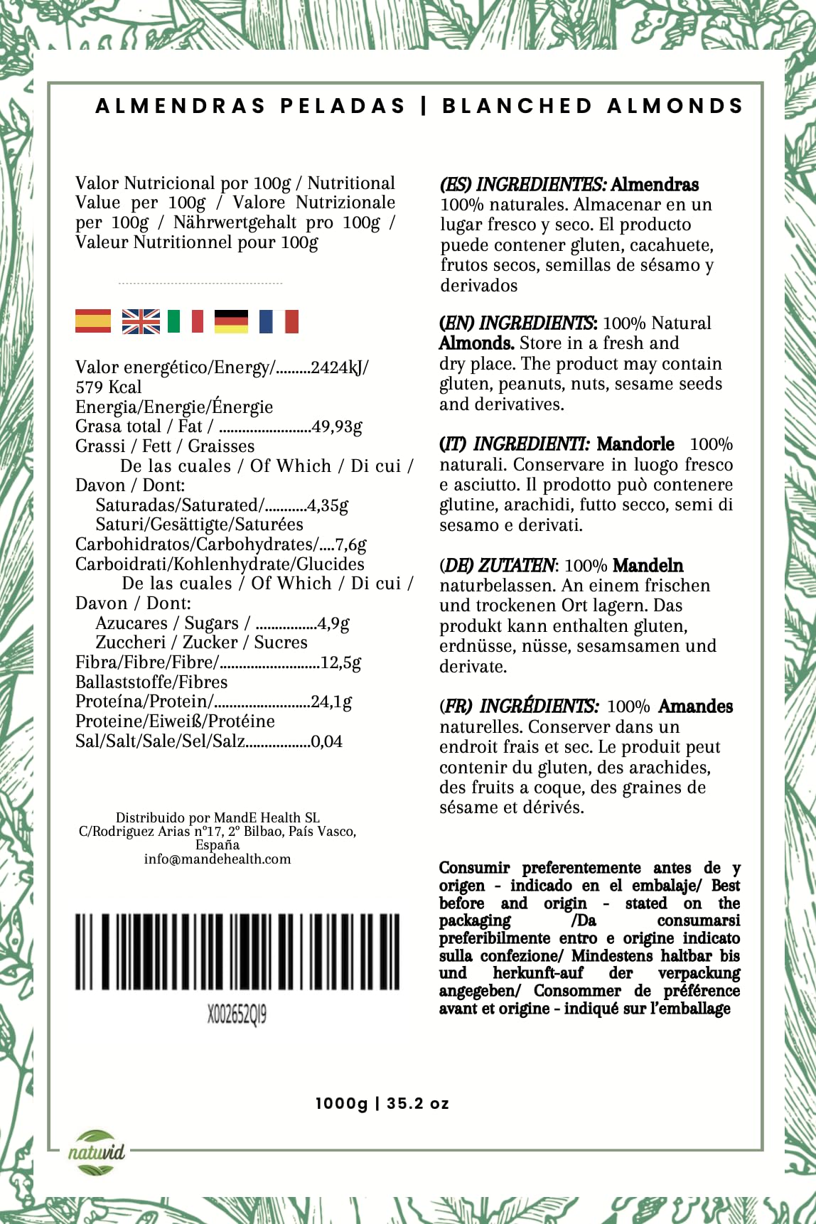 Almendra cruda sin piel Española NATUVID 1Kg Vegana