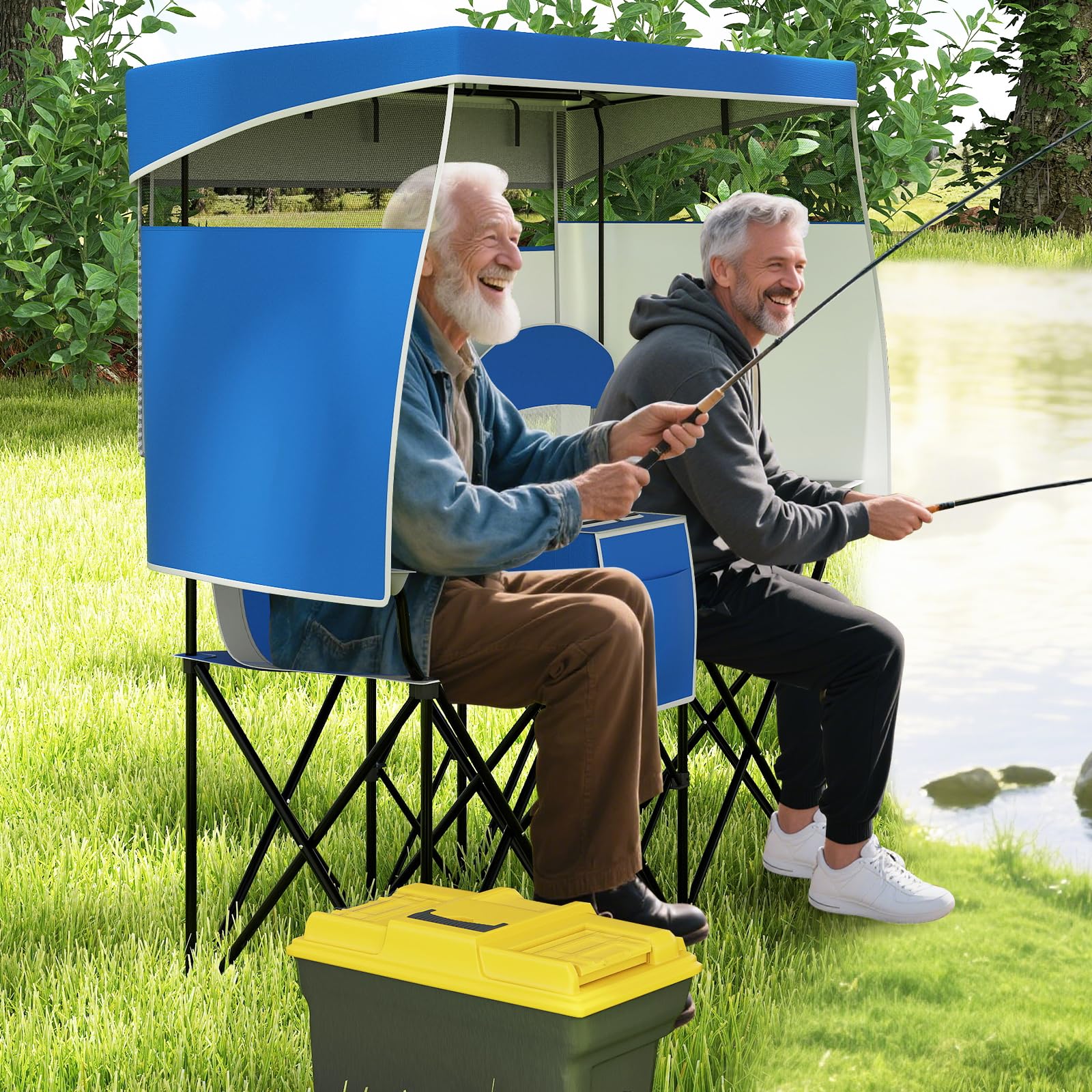 GIANTEX Set di 2 sedie da campeggio pieghevoli con tettuccio parasole, mini tavolo, borsa termica e porta bevande, sedia pieghevole per 2 persone, modello 2 blu scuro