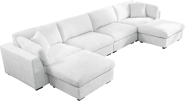 Alexent Luis Modular Sectional Sofa, 4-Seat with 2 Ottomans, White Polyester Upholstery, Modern Living Room Furniture
