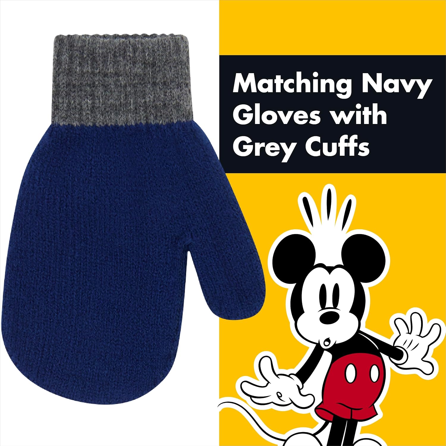 Disney Mickey Mouse Beanie Hat and Gloves Set, Boys Cuffed Peruvian Winter Knit Cap with Pom and Matching Mittens, Navy, One Size