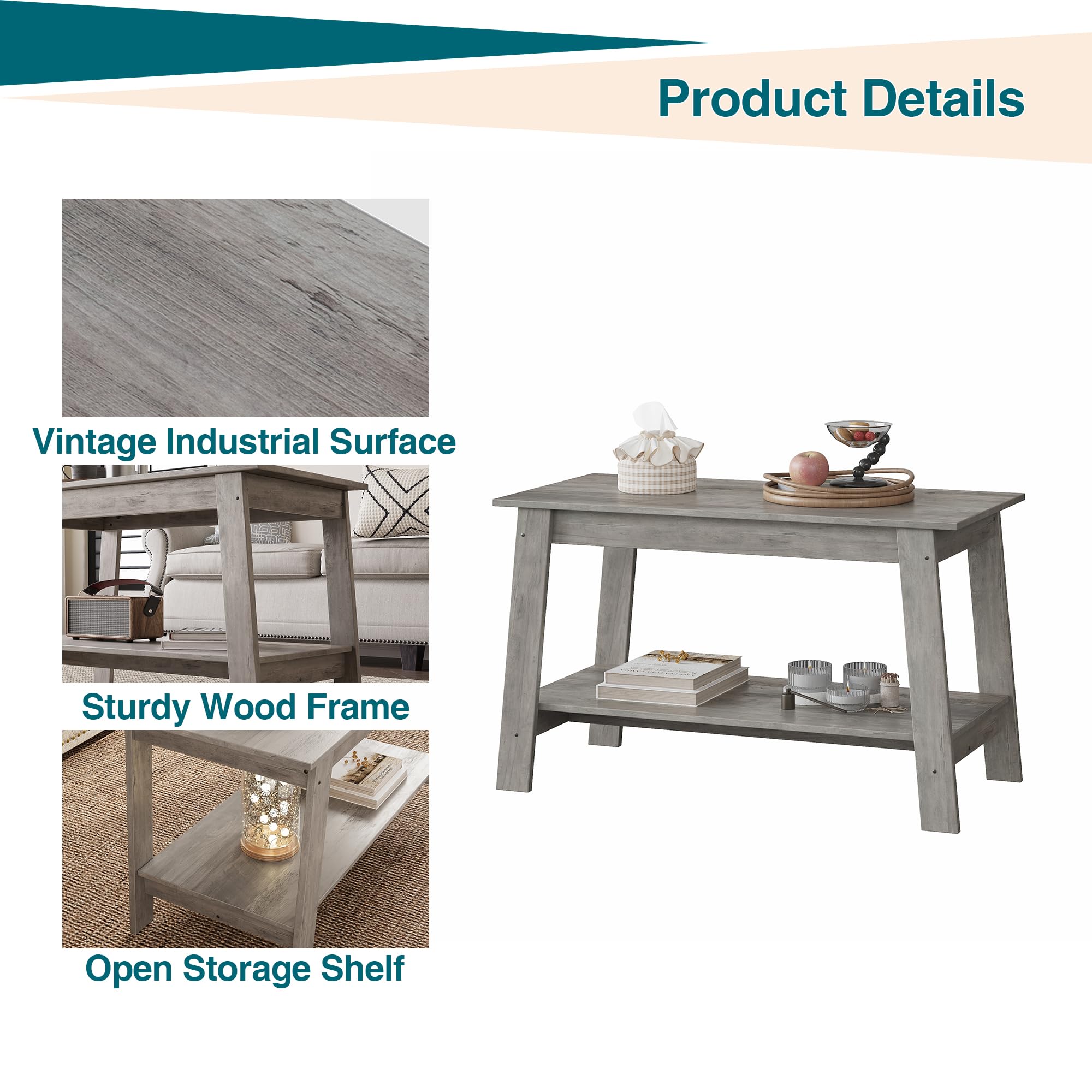 Mesa de Centro de Madera Gris con Estante Inferior, para salón y Dormitorio, Diseño rústico 80×39×48 cm