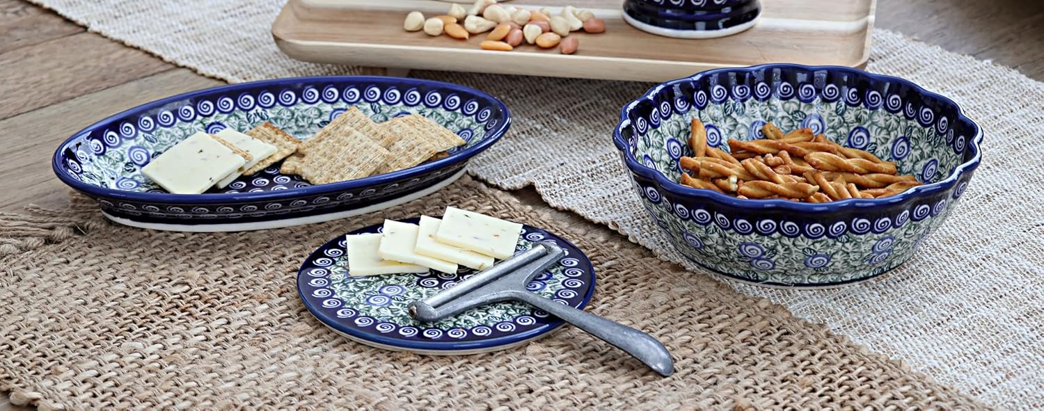 Blue Rose Polish Pottery - Green Seaside Swirl Small Oval Platter - 10.75" x 6" - Unique Platter for Dinner Parties, Very Durable & Dishwasher Safe