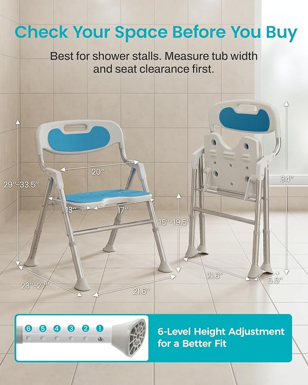 Folding Shower Chair for Inside Shower with Arms and Back, 400 LBS Foldable Bath Seat for Elderly Seniors & Disabled, Heavy Duty Portable Shower Stool with U-Shape Cutout & 6-Level Height (Blue) by KALLYNB - Image 7