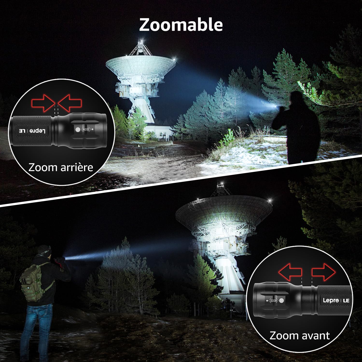 Lepro Lampe Torche L8000 Puissante LED Militaire Zoomable Étanche IPX4 Aluminium Camping Randonnée