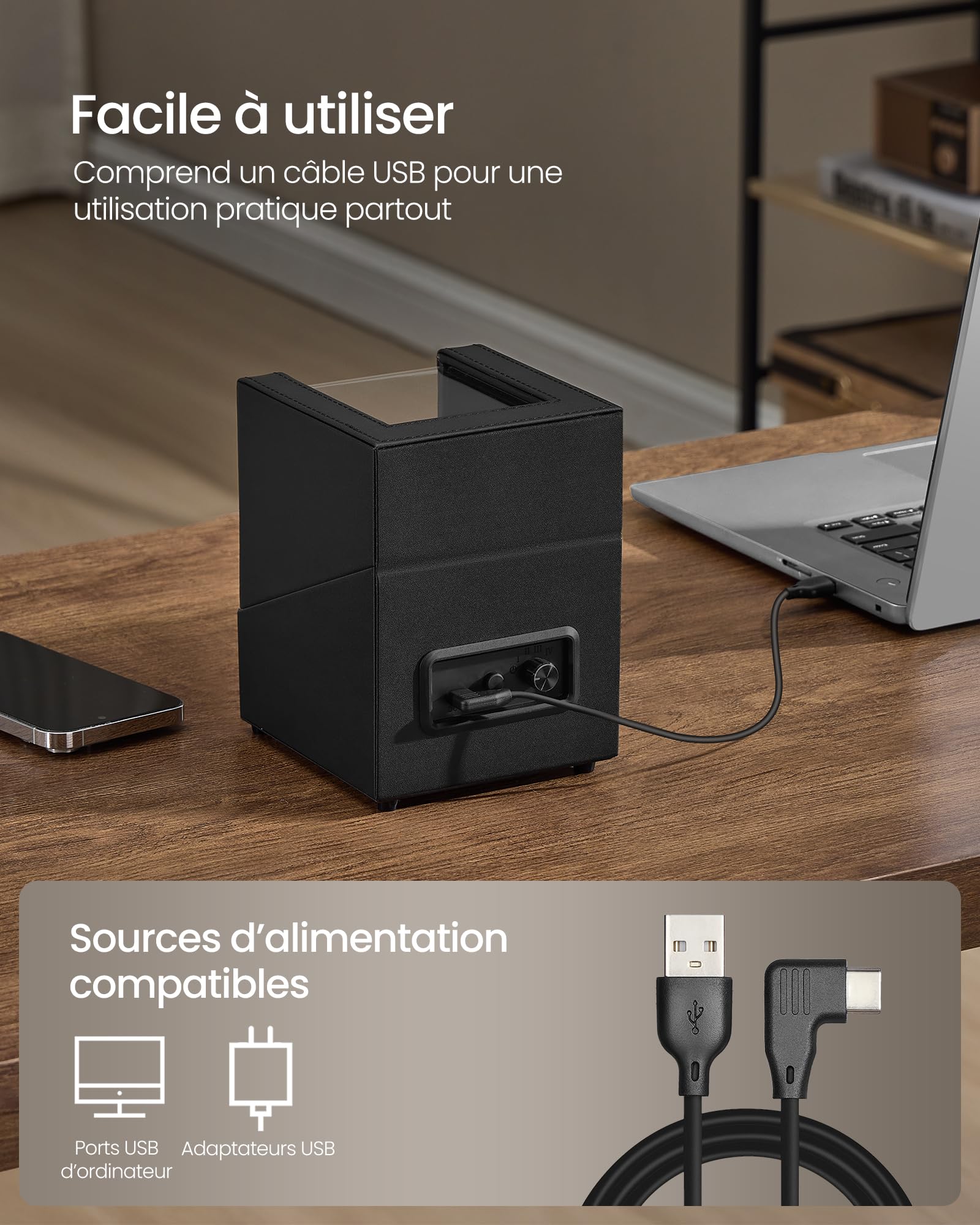SONGMICS Boîte Remontoir Automatique, Silencieux, avec Éclairage LED, Coussin Réglable, Serrure, 4 Modes de Remontage, Câble USB-C