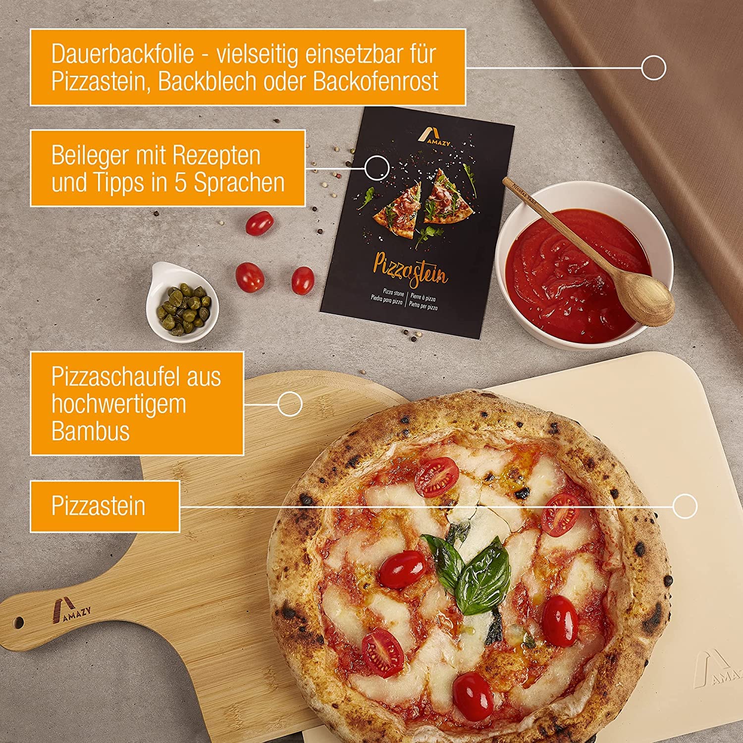Amazy Pizzastein inkl. Bambus Pizzaschaufel, Dauerbackfolie und Beileger – Der Ultra-hitzebeständige Brotbackstein verleiht Ihrer Pizza den original italienischen Geschmack knuspriger Steinofenpizza