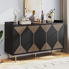 DWVO 55" Kitchen Storage Cabinet with Carved Design Door, Adjustable Shelves, Modern Sideboard Buffet Cabinet with Storage for Hallway, Kitchen or Living Room, White/Gold