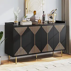 DWVO 55" Kitchen Storage Cabinet with Carved Design Door, Adjustable Shelves, Modern Sideboard Buffet Cabinet with Storage for Hallway, Kitchen or Living Room, Black