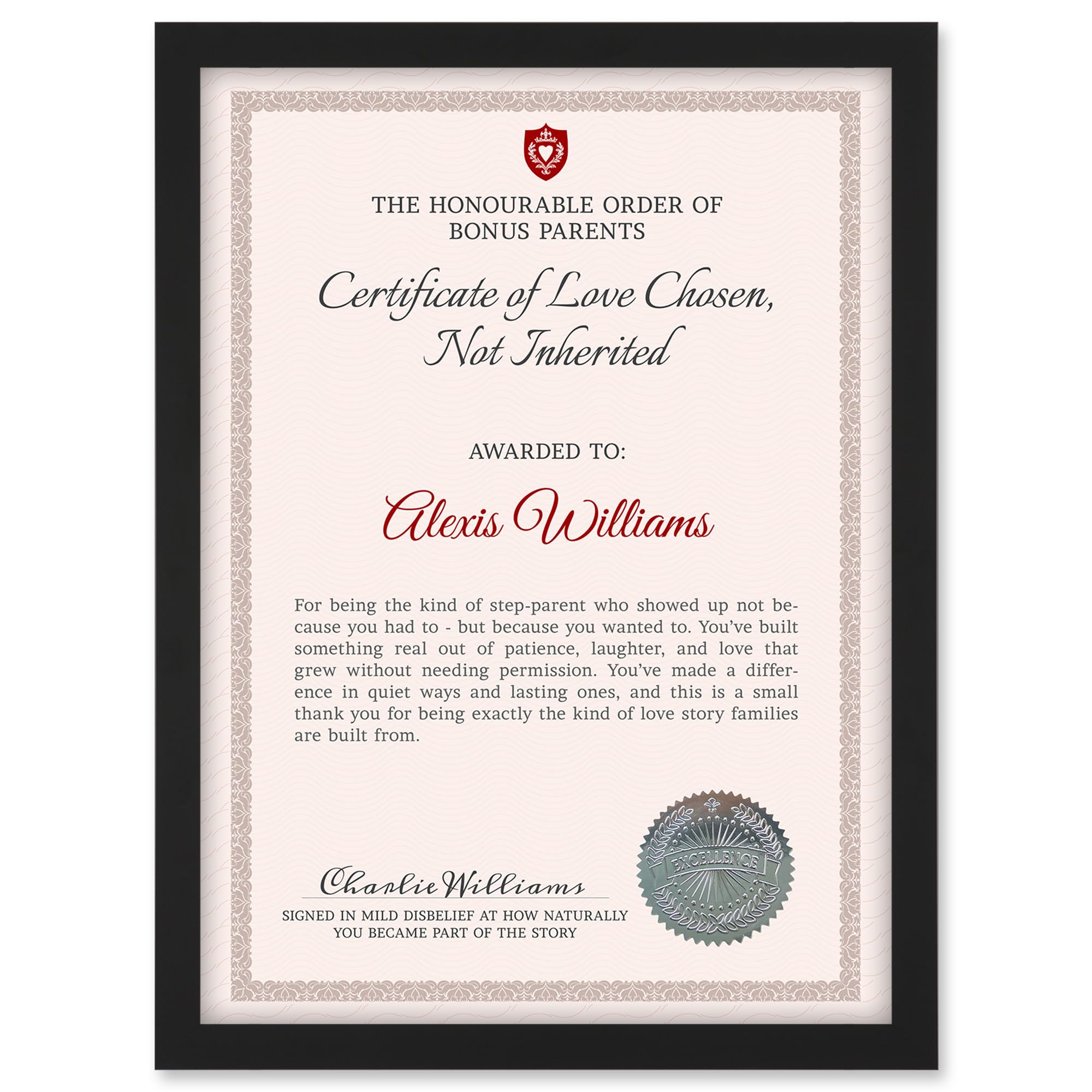 Artery8 Step Parent Personalised Certificate Mum Dad Love A4 Black Framed Diploma Novelty Award Thank You Birthday