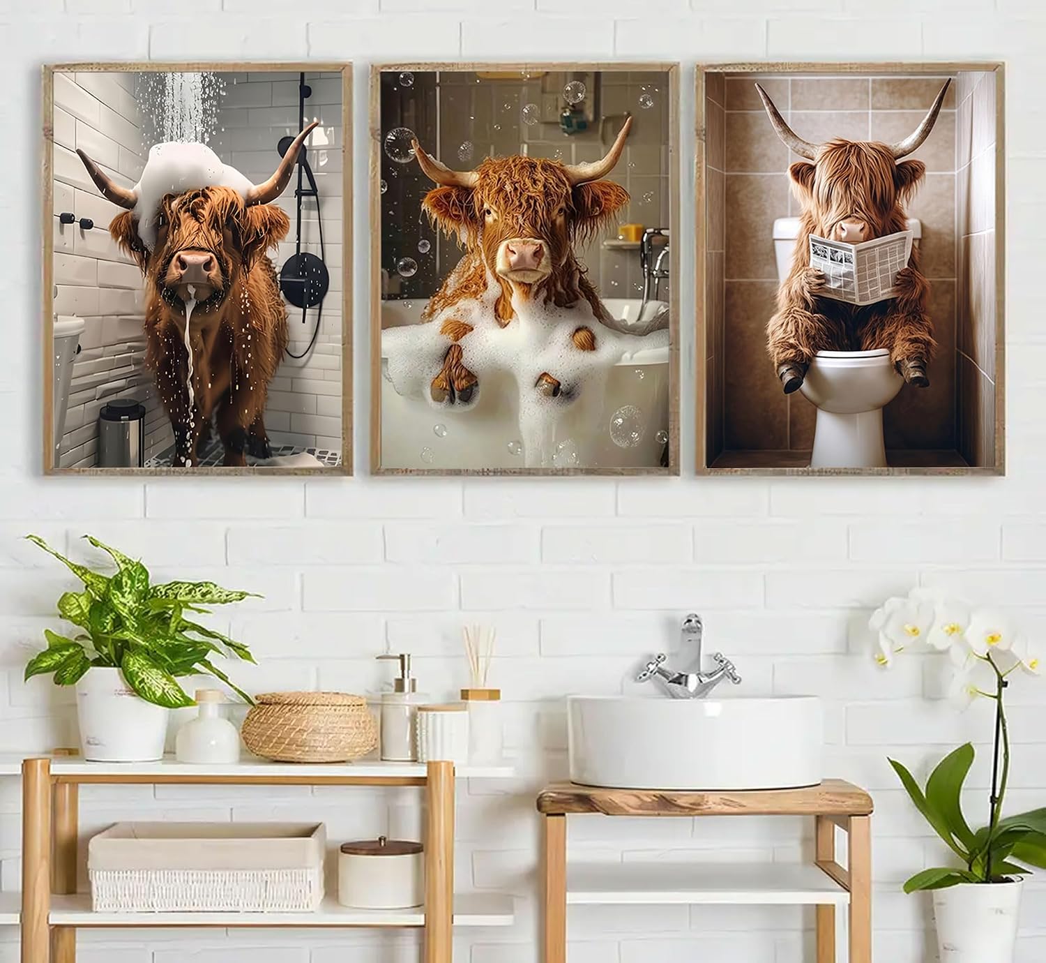 3pcs Funny Bathroom Highland Cow Canvas Wall Art Cute Cow Animal Posters Prints Paintings Highland Cattle Sitting On Toilet And Reading Newspaper Wall Decor Pictures for Restroom Decor Unframed