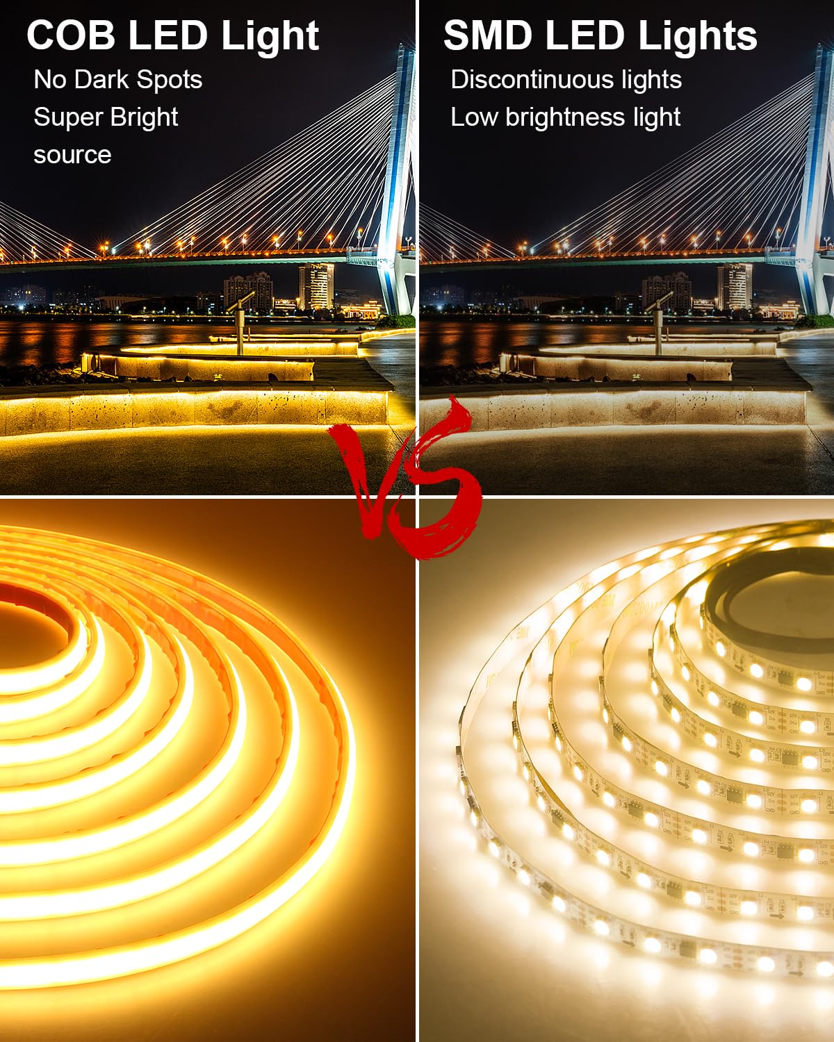 ALITOVE COB LED Streifen 5m 3000K Warmweiß - IP68 Wasserdicht 240LEDs/m 24V