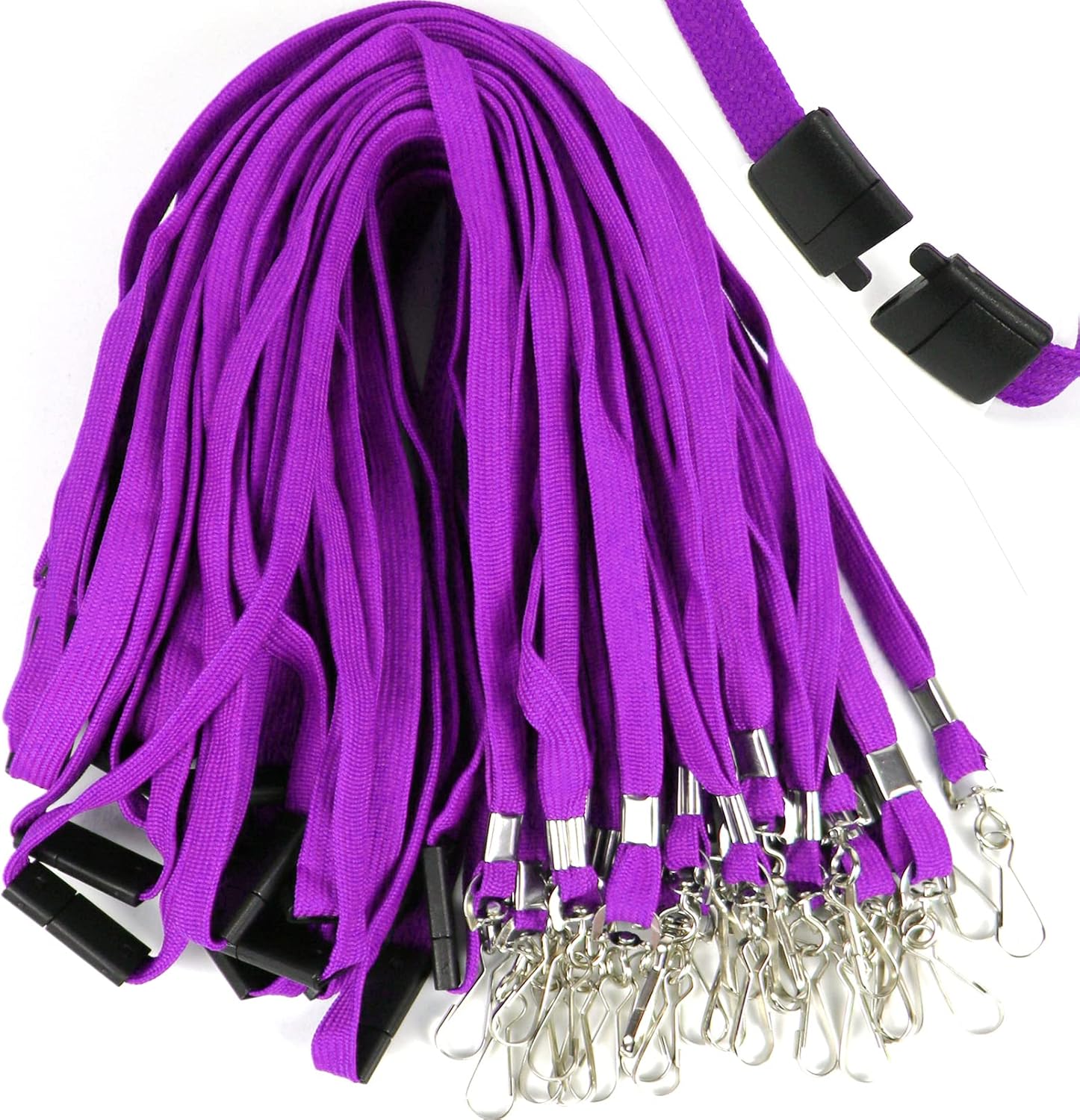 Premium Breakaway Lanyards with J-Hook - Flat Lanyards for ID Badges, Business Cards & Nametags - Bulk Pack of 100 (Purple)