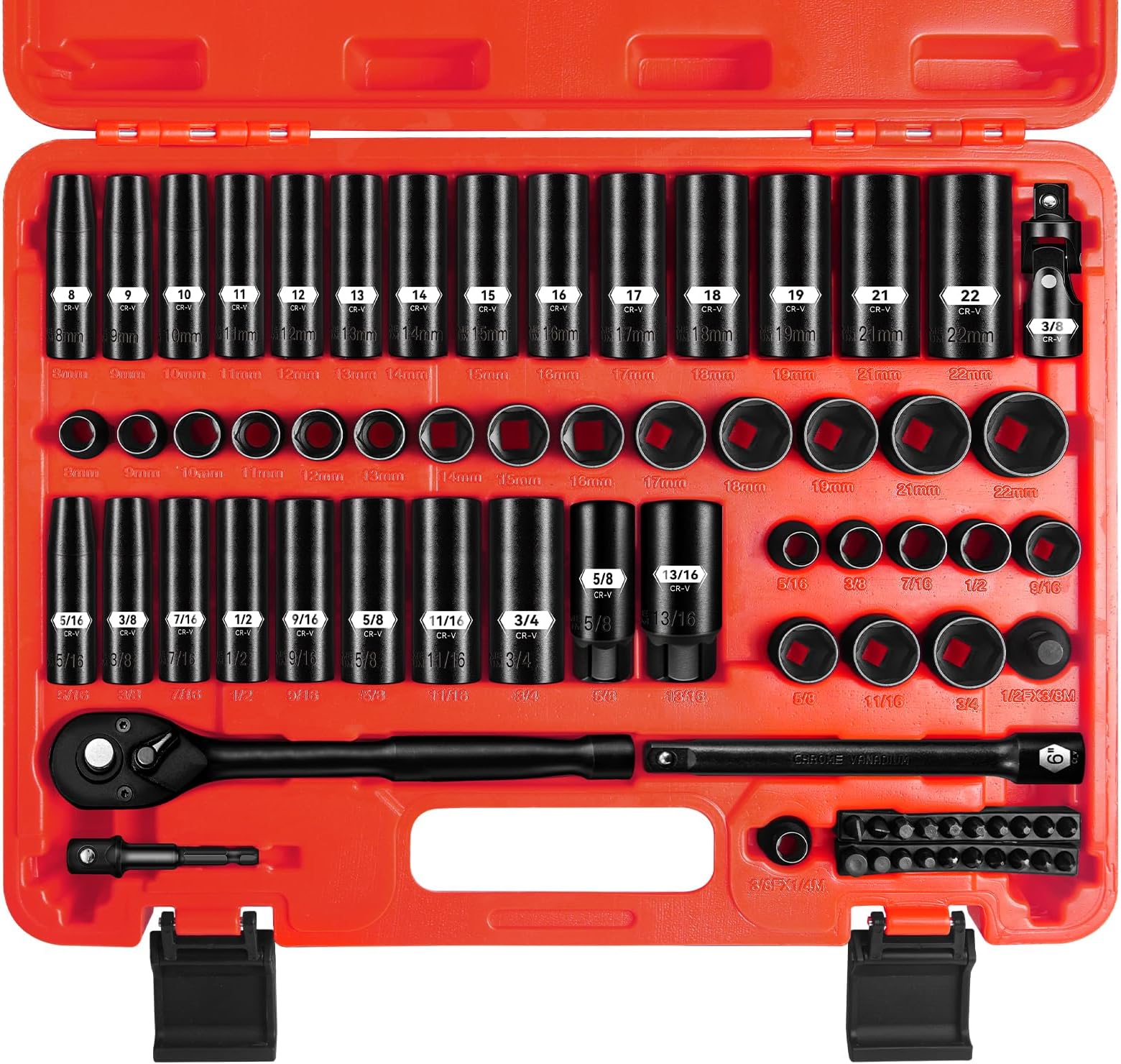 3/8" Drive Impact Socket Set with 72 Standard SAE (5/16"-3/4") & Metric (8-22mm) Spark Plug, 6 Point Deep & Shallow, 72T Wrench Ratchet Tool Kit, Cr-V Heavy Duty Storage Case