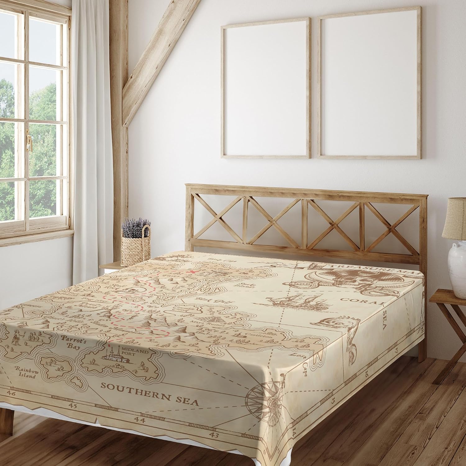 Ambesonne Island Flat Sheet, Old Antique Treasure Map Details Retro Color Adventure Sailing Pirate Print, Soft Comfortable Top Sheet Decorative Bedding 1 Piece, Queen Size, Cream
