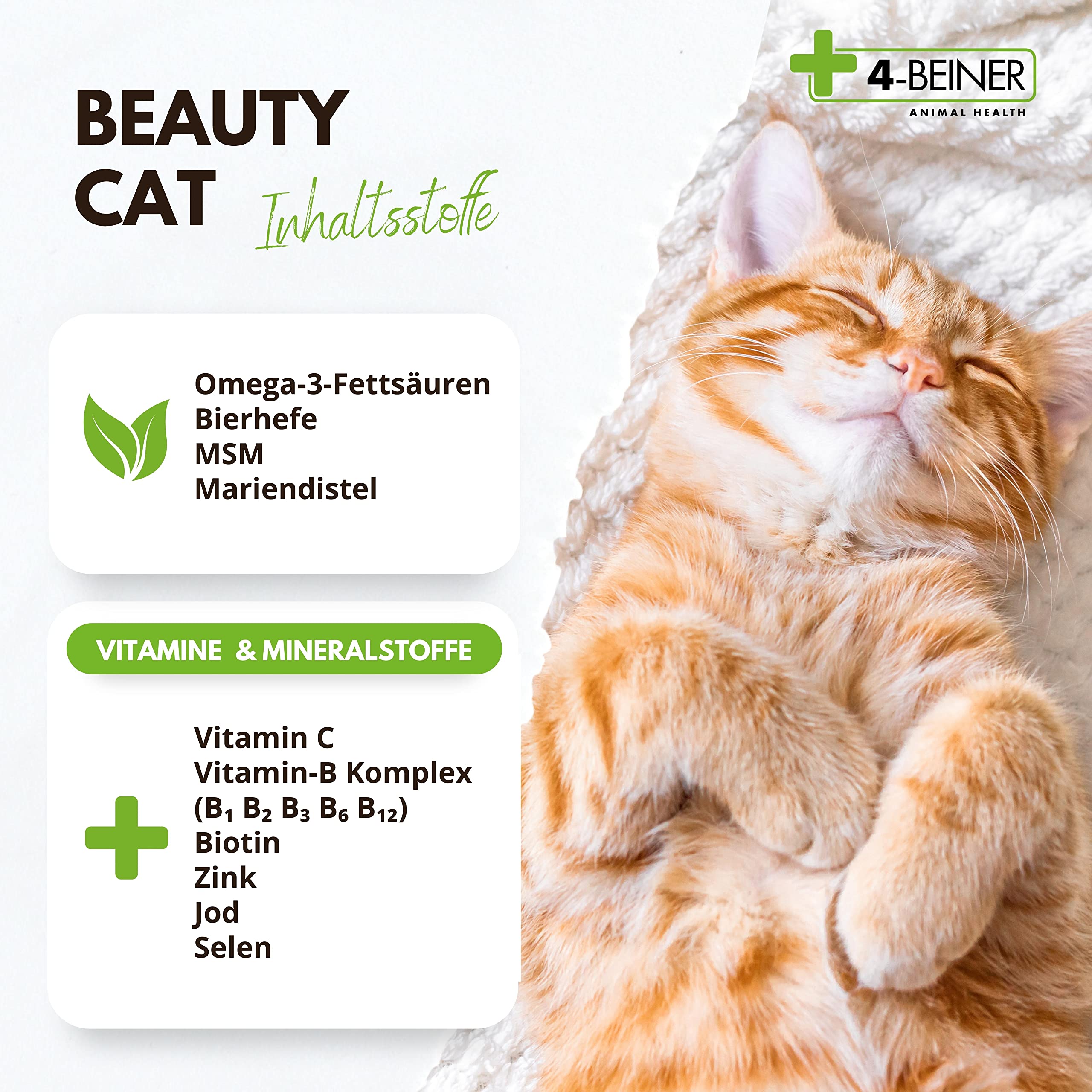 4-BEINER Beauty-Cat Vitamine für Katzen & Mineralien, Katzen Vitamine | Für glänzendes Fell, Vitalität & Wohlbefinden mit Omega-3, MSM, Vitamin C und B-Komplex, Fellpflege Katze aus Deutschland