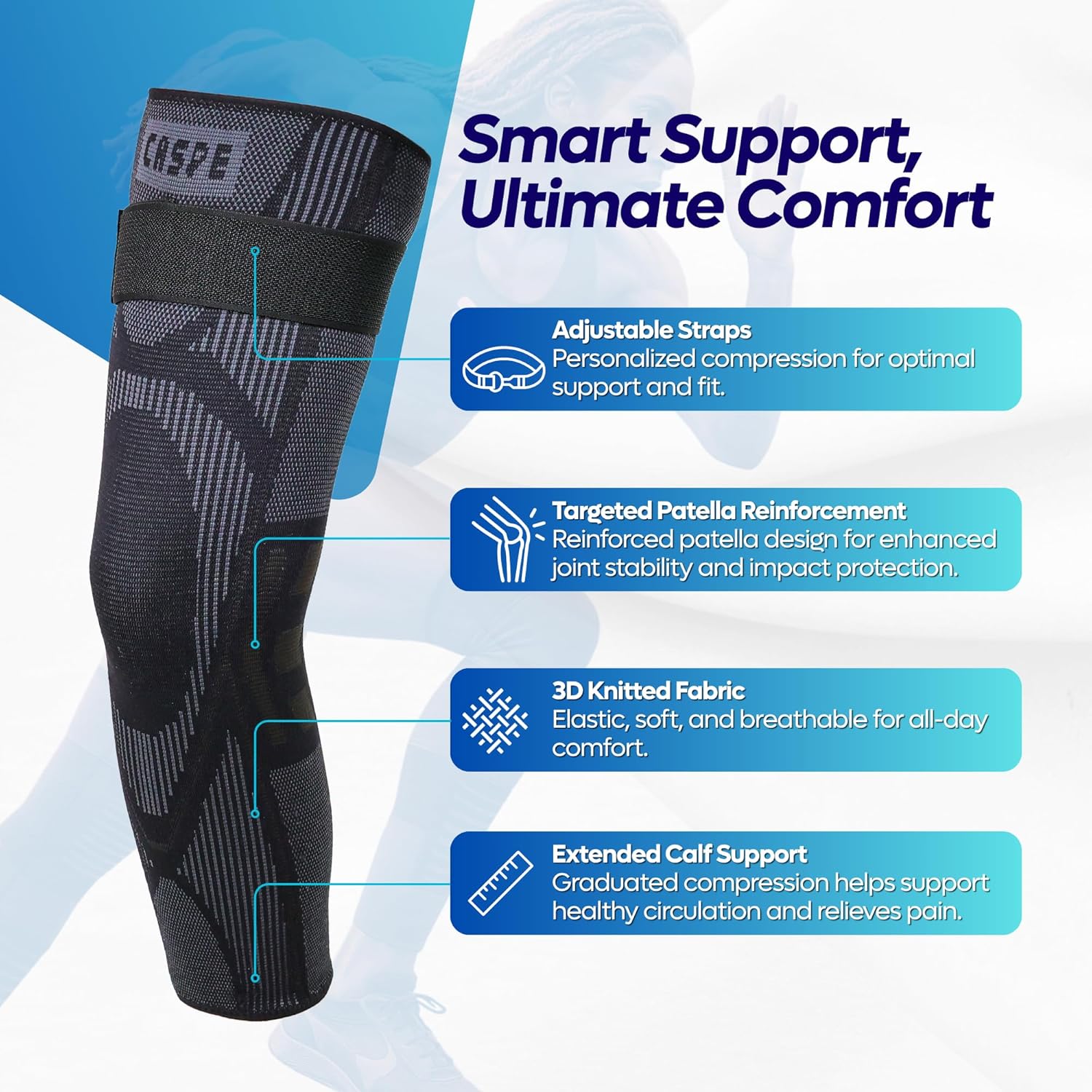 Caspe 2 or 1 Pack Full Leg Compression Sleeve with Strap–Long Length Leg Compression Support for Running, Basketball, Cycling, Workout & Sports – Non-Slip Thigh Knee Calf Support for Men & Women - Image 2