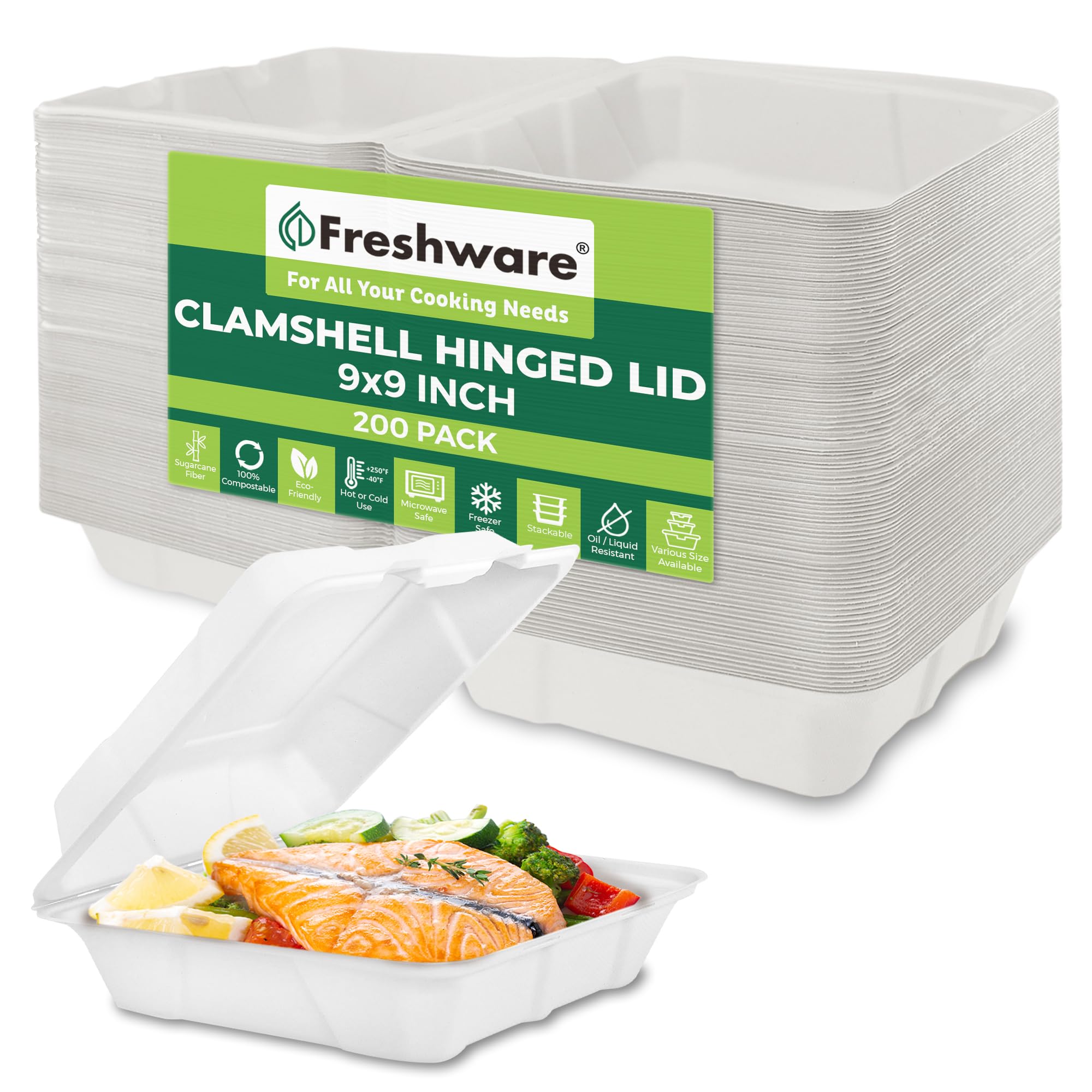 Freshware Compostable Clamshell Take Out Food Containers [9x9" 200-Pack] - Disposable Biodegradable Sugarcane To Go Boxes, Microwave & Freezer Safe, Stackable Paper Food Containers