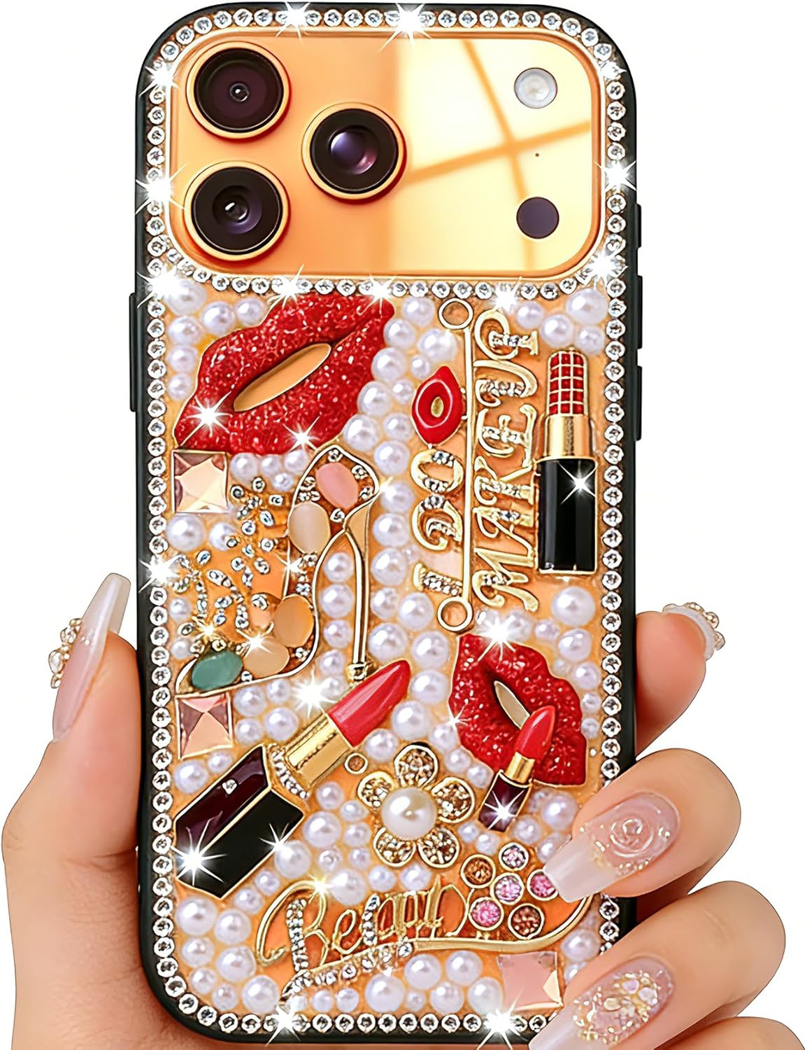 Compatible with iPhone 17 Pro Max Bling Case for Women Girls Luxury 3D Diamond Crystal Rhinestone Lipstick Lips High Heels Floral Sparkle Pearl Glitter Protective Girly Cute Designer Clear