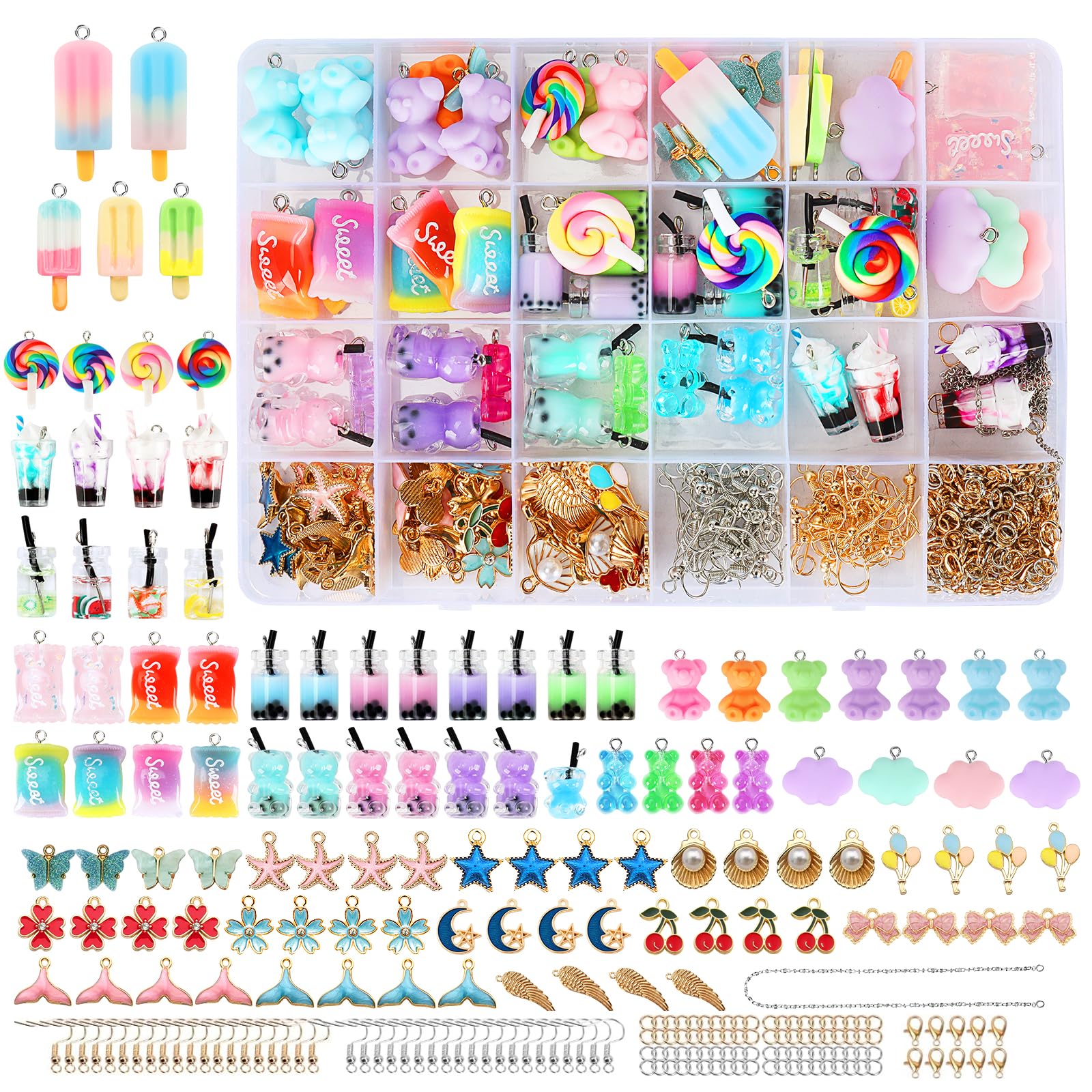UCAMP 161 Pezzi Charms Set di Pendenti,Caramelle Orecchini Fai Da Te,Charms Farfalla Ciondolo Bubble Tea Portachiavi Orso Gommoso Orecchini Regalo Fai Da Te,Regalo Natale per Ragazza