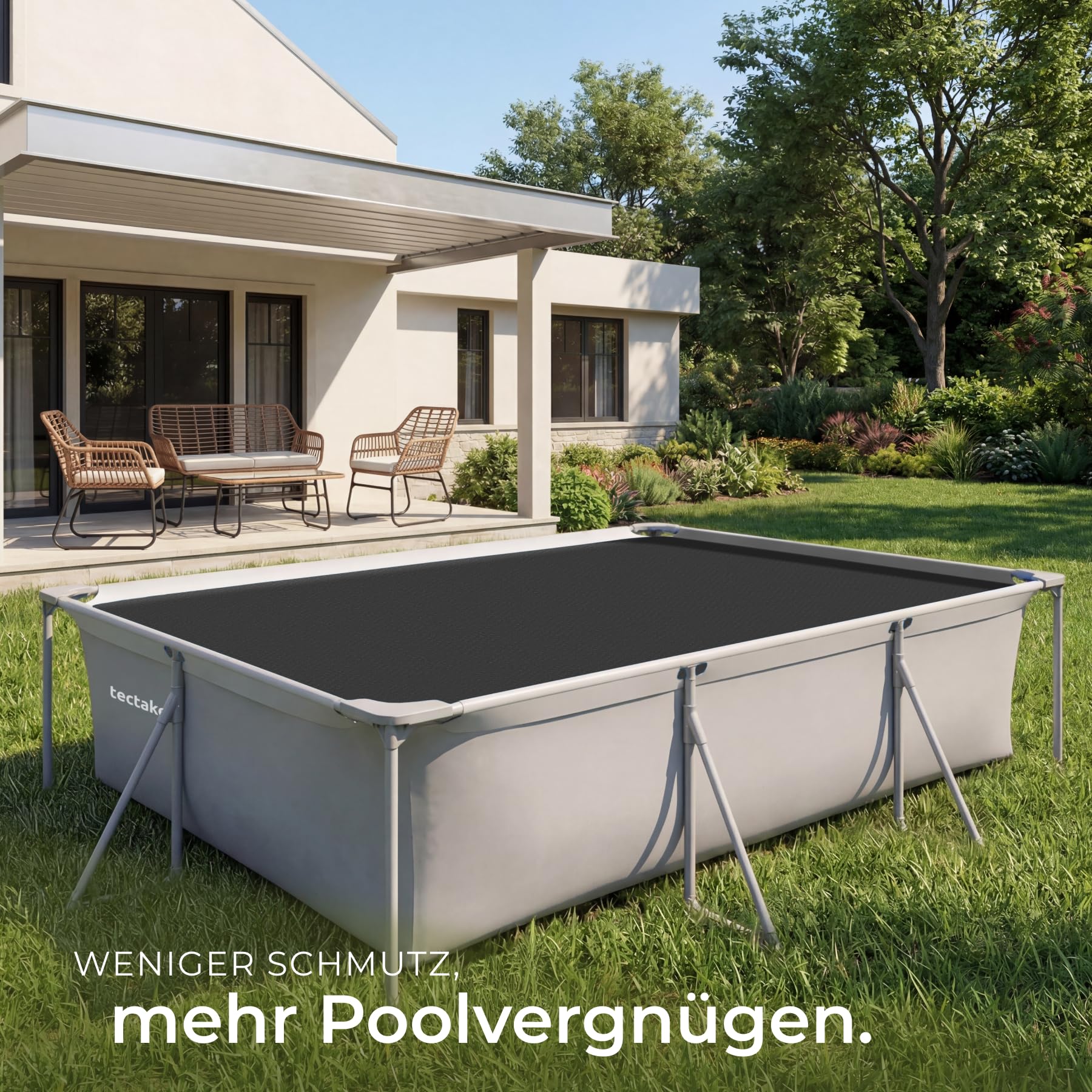 tectake® Poolabdeckung rechteckig, 1,6 x 2,6 m, Stärke 110 μm, zuschneidbar, rechteckig, selbstschwimmend, Poolabdeckungen, Pool-Deckel, Poolfolie, Schwimmbad Abdeckung, Poolabdeckplane - schwarz