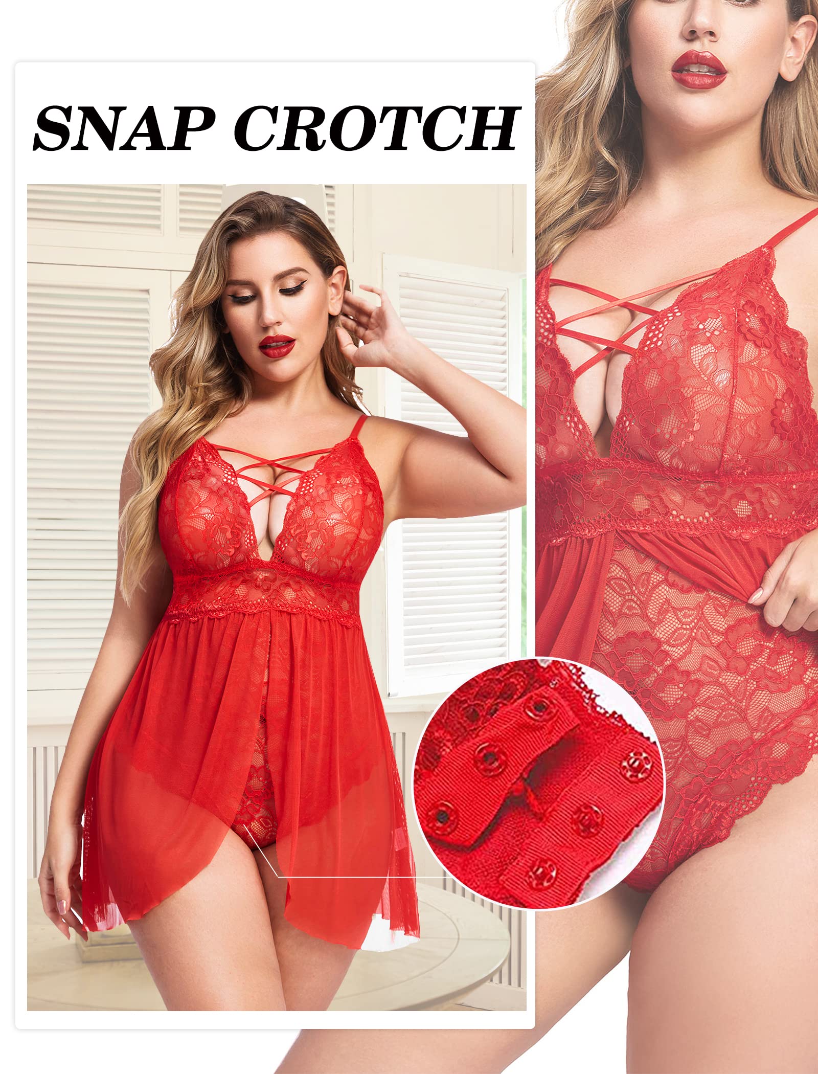 Avidlove Plus Size Babydoll Womens Snap Crotch Lingerie V Neck Lace Nighty Sleepwear L-5XL: Red 5X-Large