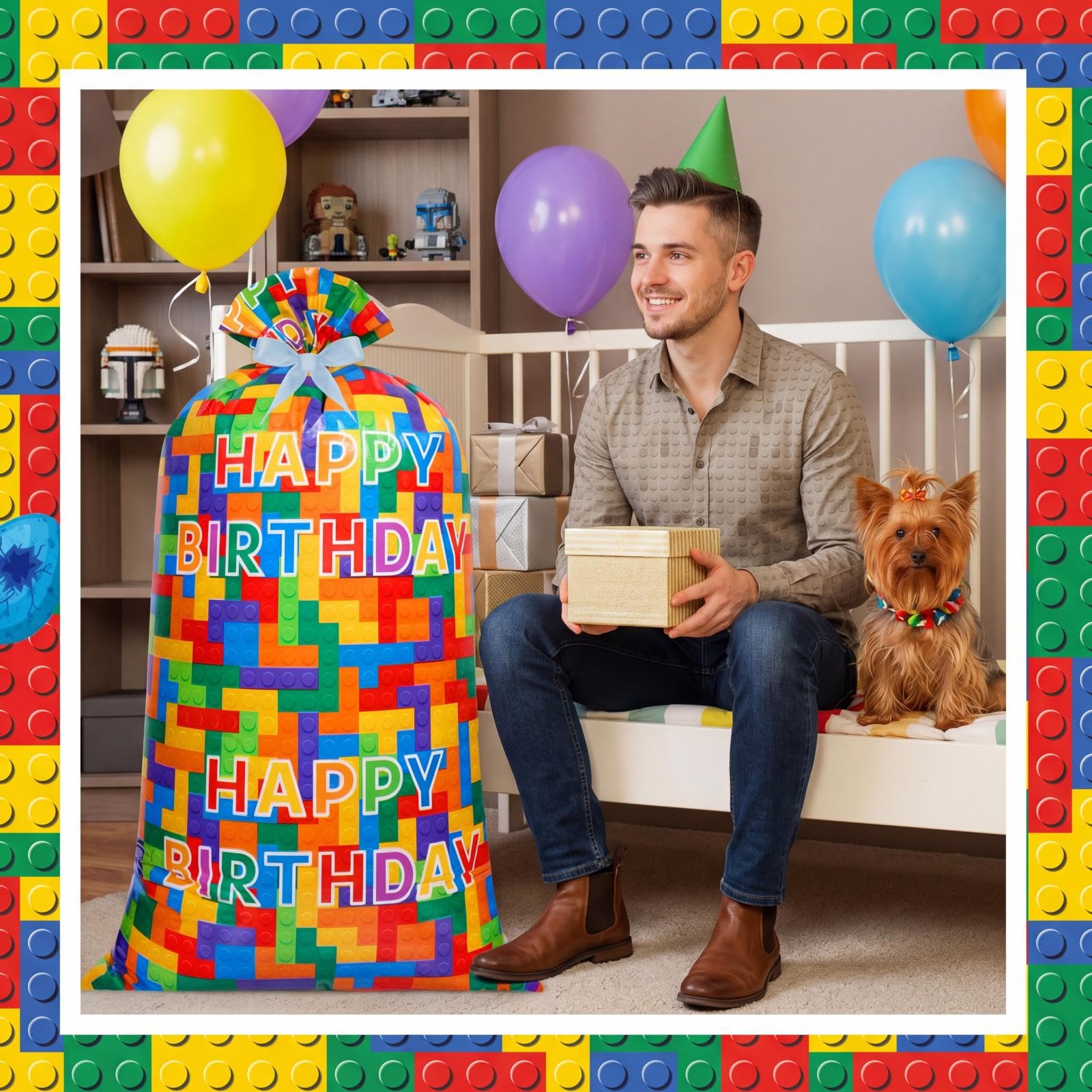 Ctosree 2 Pcs 70" x 40" Extra Large Jumbo Gift Bag Building Block Plastic Giant Gift Bags Oversized Gift Wrapping Bags with 2 Rolls Ribbons for Birthday Party Baby Shower Favor Holiday Supplies