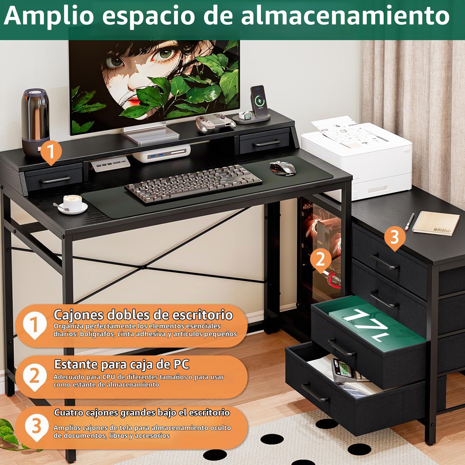 Escritorio Gaming Esquinero con Cajones y Soporte para Monitor | Reversible izquierda/derecha, 135 × 100 cm, Negro, Ideal para PC y oficina en casa