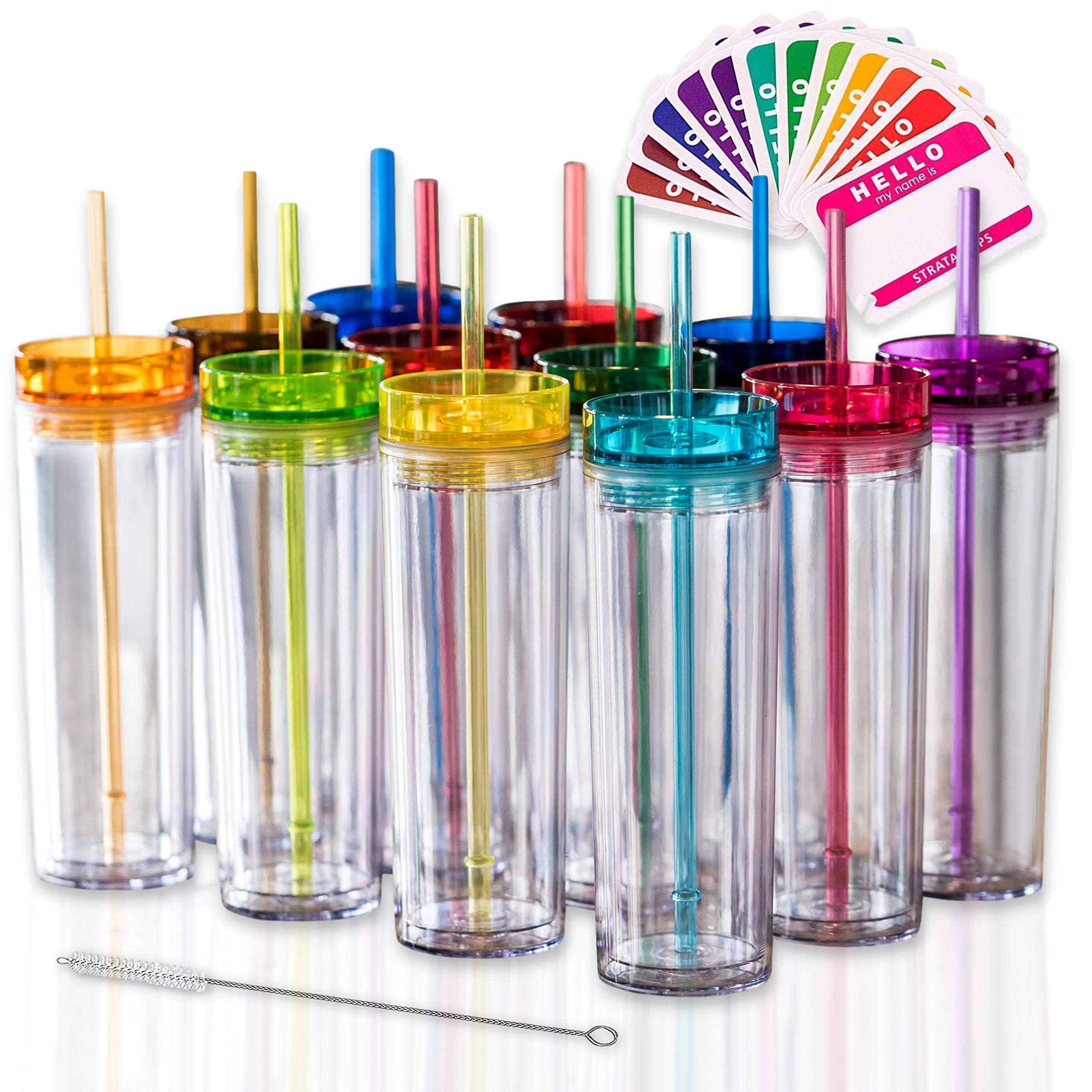 Amazon.com | STRATA CUPS 12 Colored Skinny Tumblers with Lids and Straws |  16oz Reusable Cup Double-Wall Clear Tumbler with Lid and Straw, Durable  Acrylic Tumblers With FREE Straw Cleaner & Name