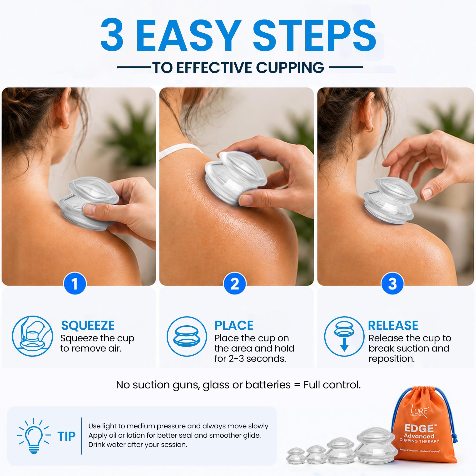 Lure Essentials Edge - Juego de ventosas de silicona para terapia de masaje, vasos de larga duración para uso profesional y doméstico, taza de escultura corporal para celulitis, transparente ultra