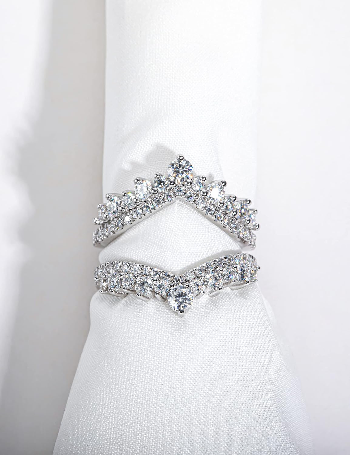 CannyCat 1.23 CTTW Moissanite Ring Enhancers 2 pieces Moissanite Curved Wedding Bands for Women Platinum-Plated Silver Eternity Stacking Rings Wrap Guard for Engagement Anniversary Ring - Image 4