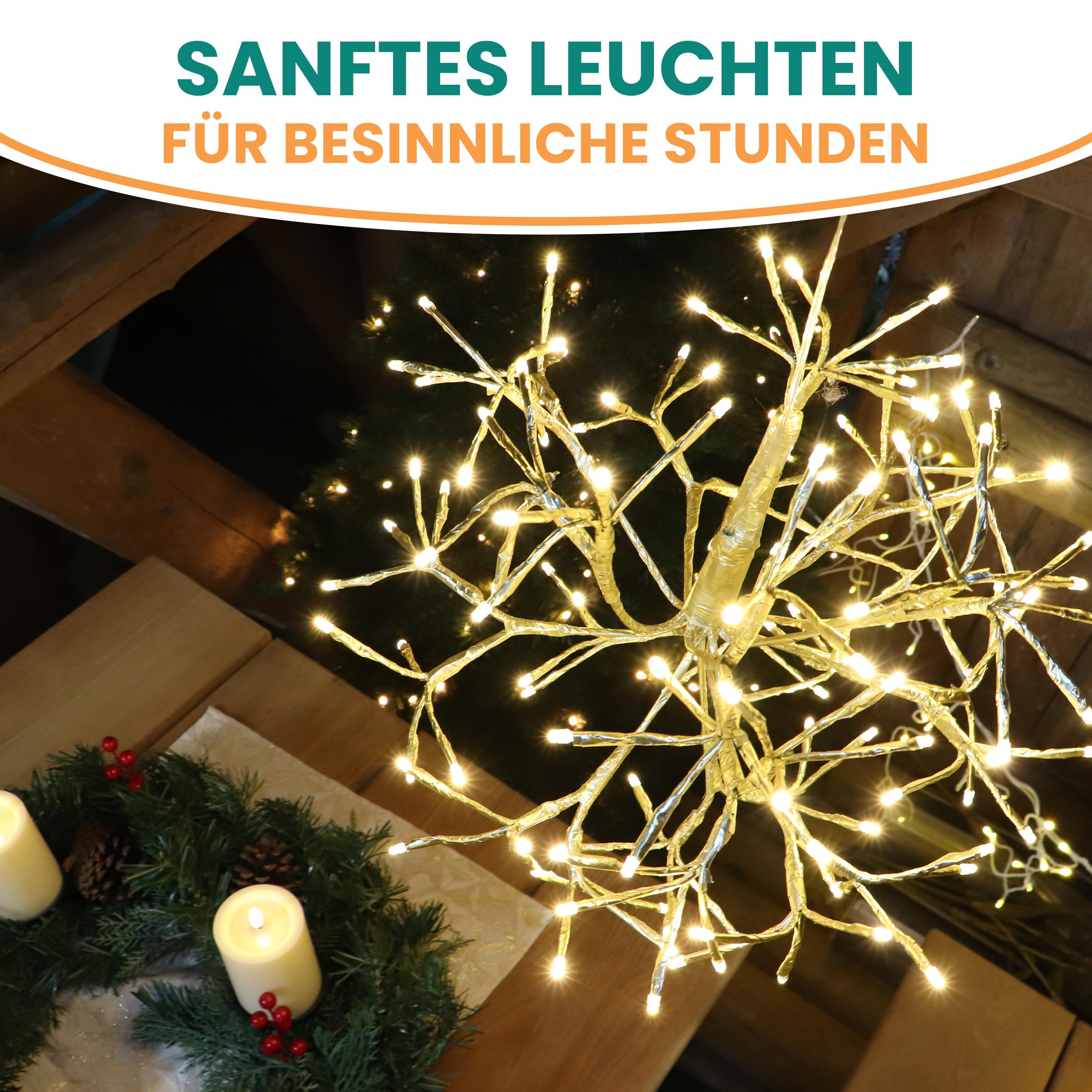 Gartenpirat LED Goldstern Ø 45 cm warmweiß beleuchtet 120 LED mit Timer-Funktion hängende Weihnachtsdeko mit Befestigung für Innen & Außen