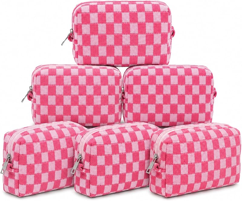Necessaire retangular SOIDRAM xadrez rosa-avermelhada com zíper, para viagem, Pacote com 6
