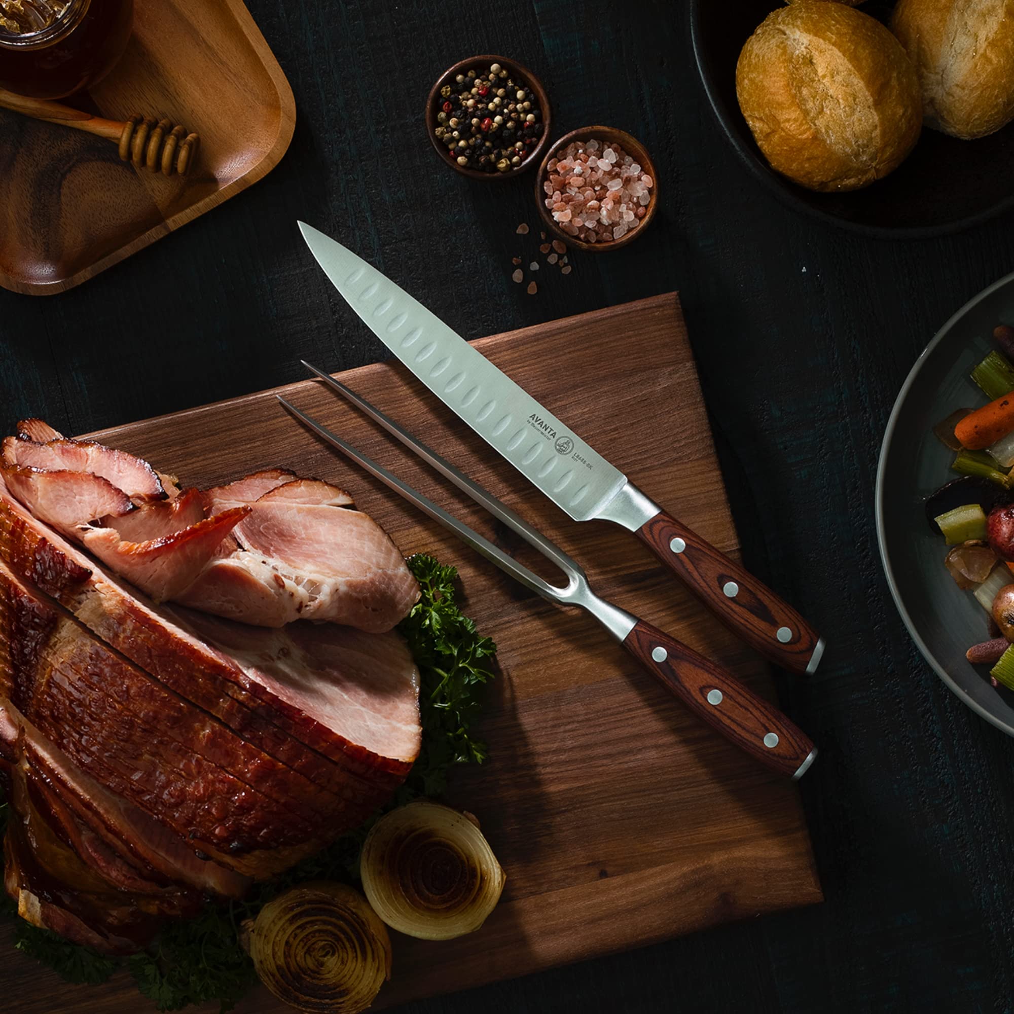 Messermeister Avanta Kullenschliff Carving Set - Includes 8'' Carving & Slicing Knife + 7'' Fork - German X50 Stainless Steel - Rust Resistant & Easy to Maintain - Black not Brown