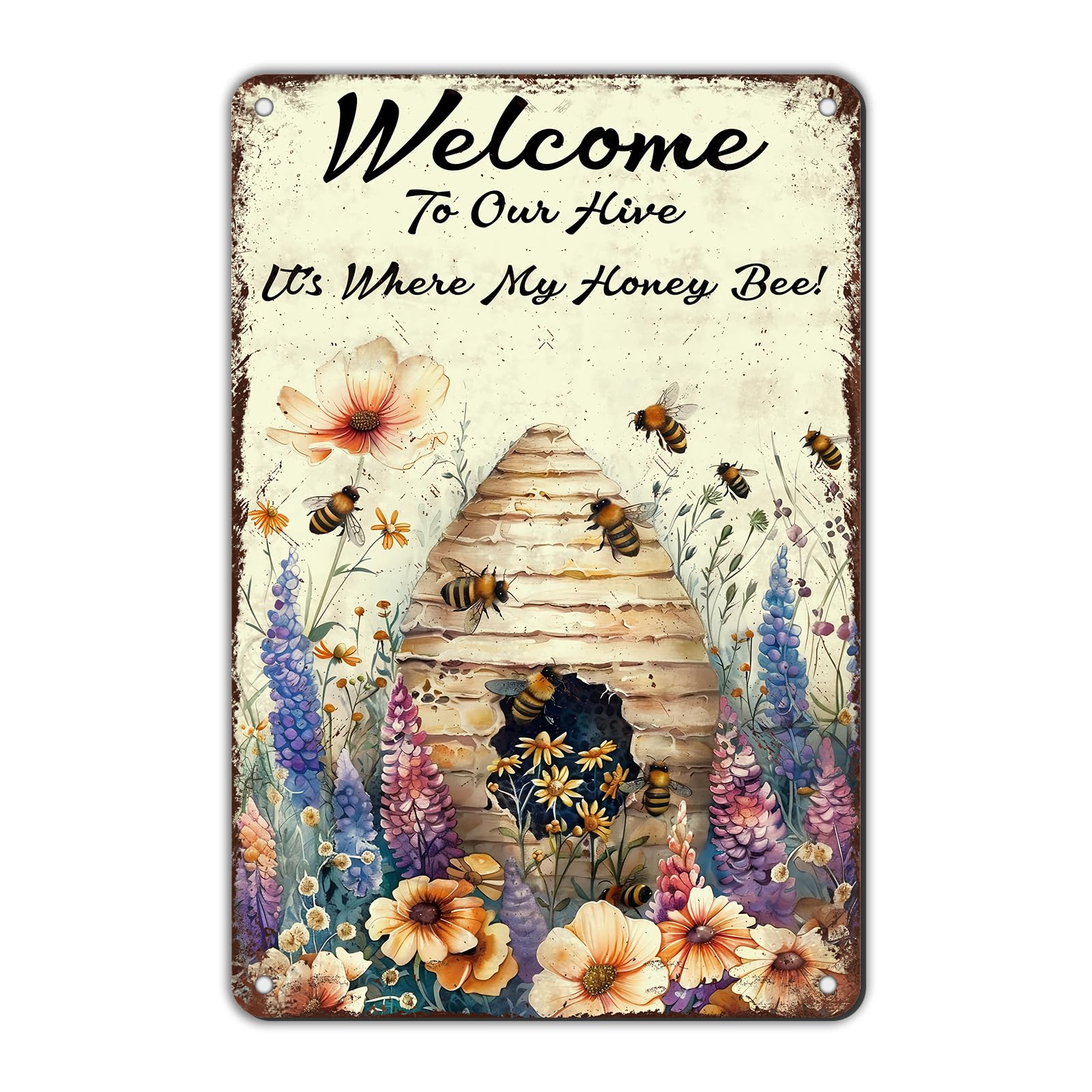 Anceky Funny Signs Welcome to our hive Bee Metal Tin Sign Retro Wall Decor for Living Room Bedroom Yard Outdoor Home 12×8 Inch