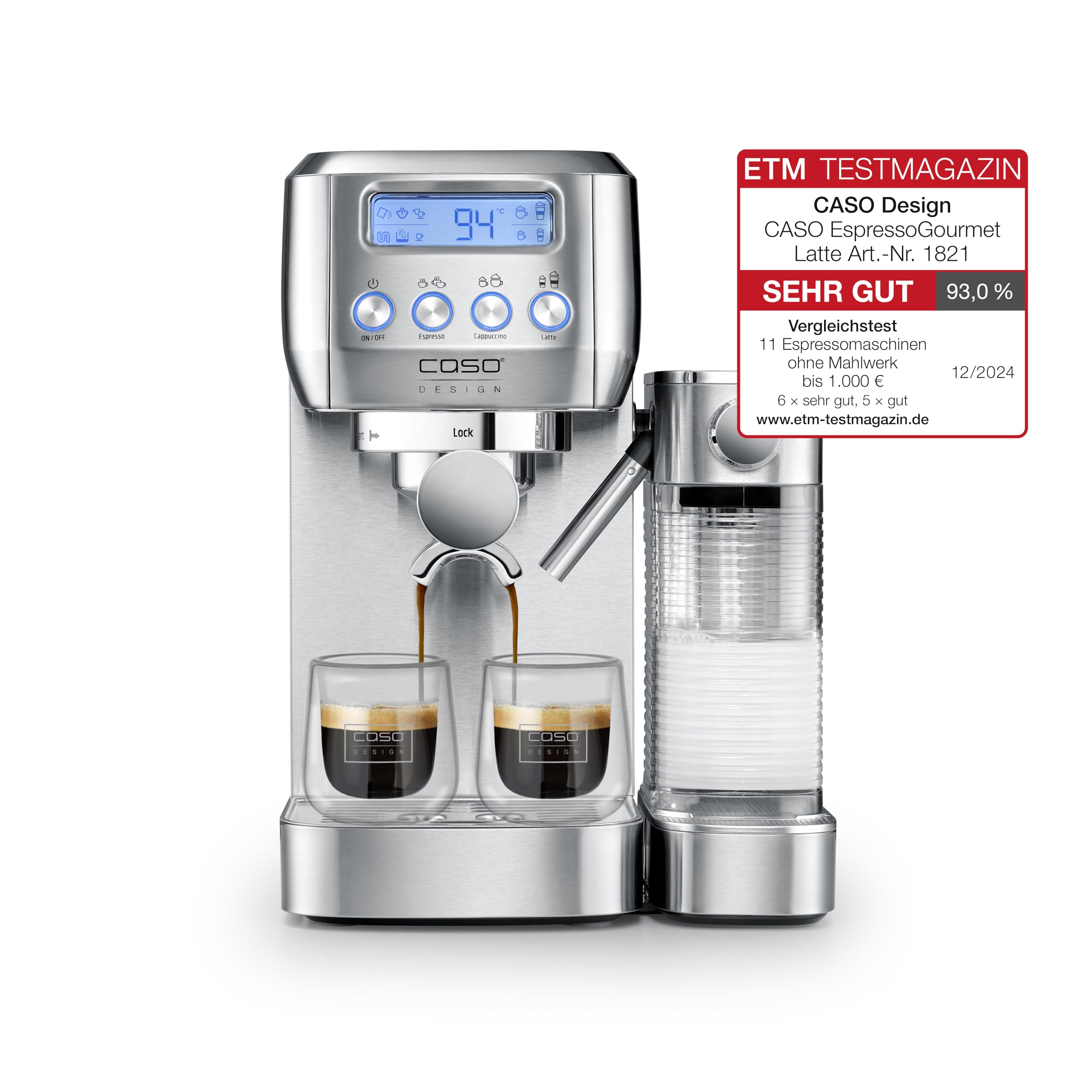 CASO Espresso Gourmet Latte - Juicio test muy bien, cafetera con depósito de leche integrado, bomba ULKA 20 bar, placa calefactora para tazas, 1 o 2 tazas, plata, acero inoxidable